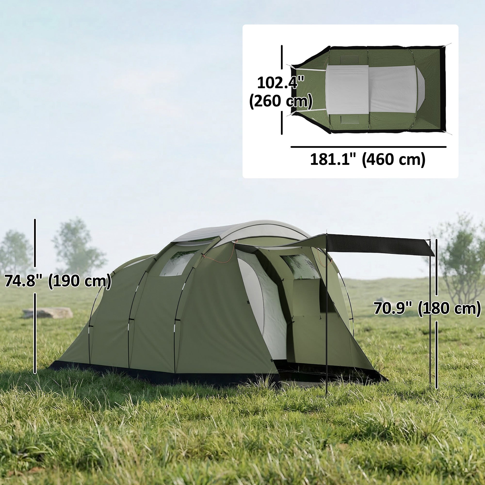 Camping Tent Waterproof Camping Tent with Two Room for 3-4 Person Waterproof, Green