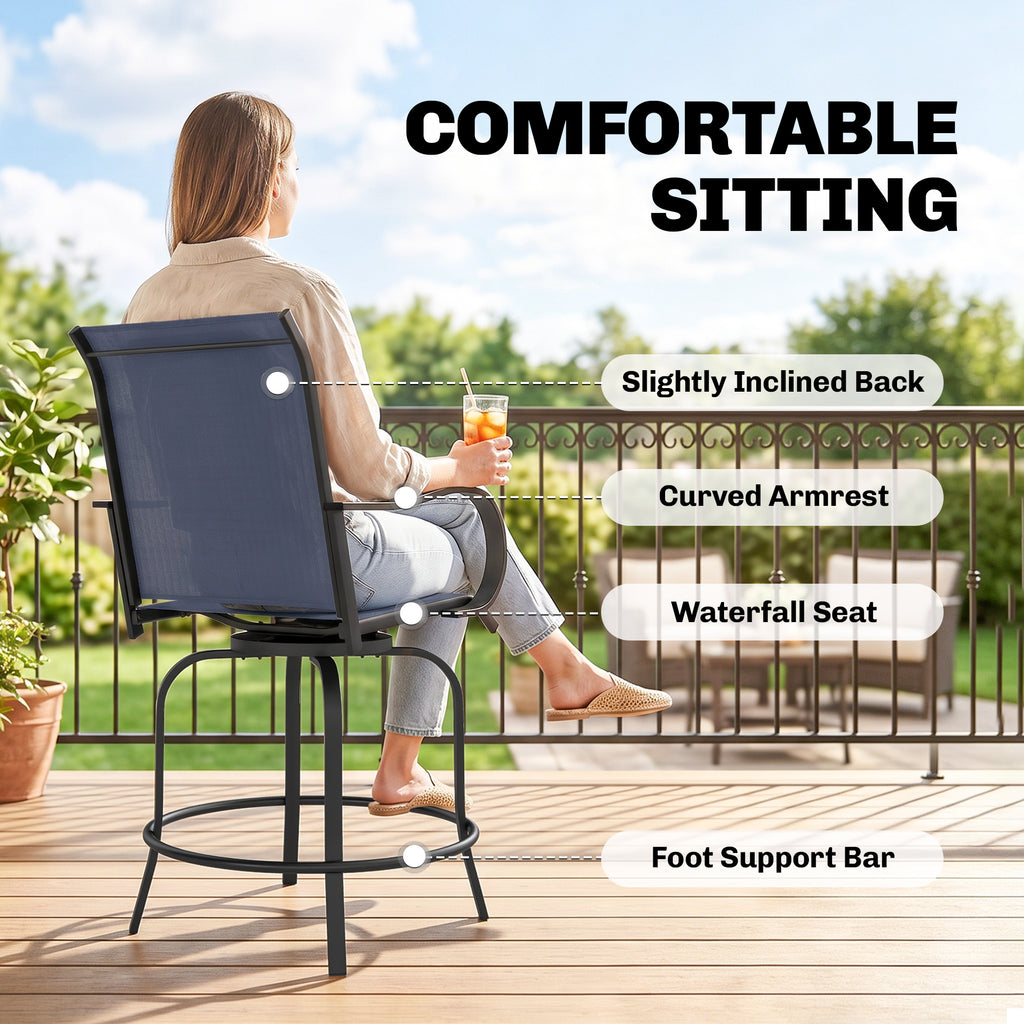 Outdoor Bar Stools Set of 2, 360Â° Swivel Bar Height Chairs, 26.8" x 29.5" x 48.4", Navy Blue