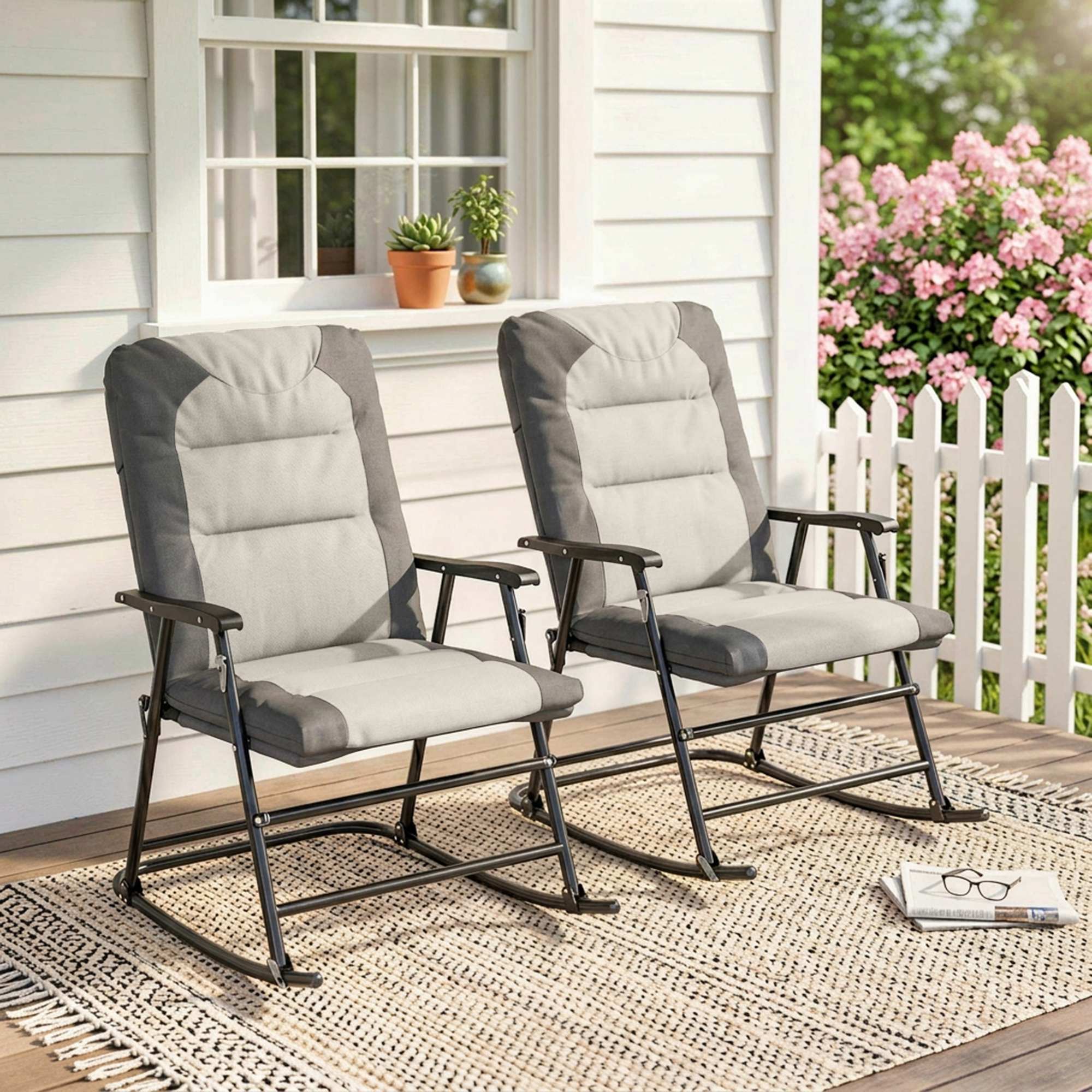 Folding Rocking Chair Set of 2 Padded Rockers with Armrest, Light Grey