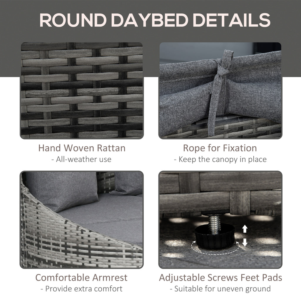 4 Pieces Patio PE Wicker Round Daybed, Outdoor Rattan Garden Lounge Furniture Sets, Grey