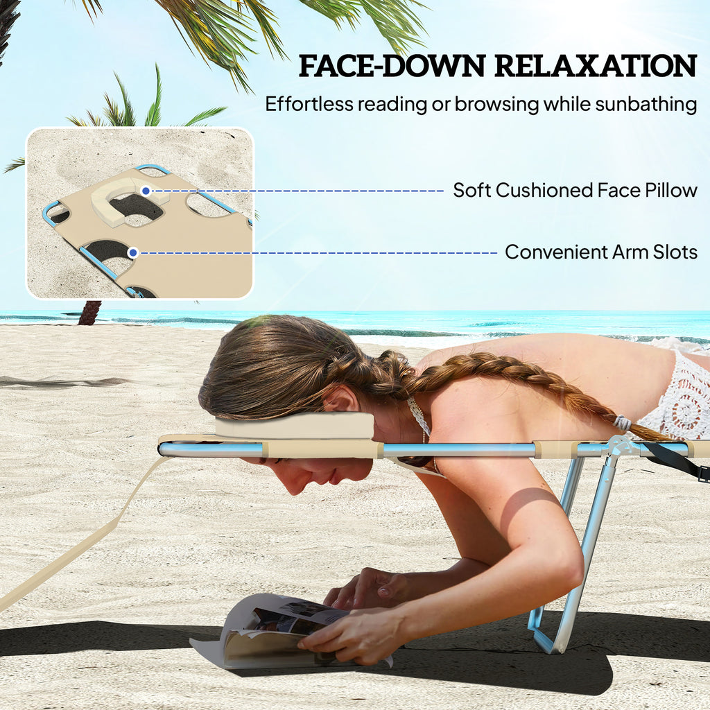 Folding Outdoor Lounge Chair, 5-Level Tanning Chair with Face Hole, Side Pocket, Carry Strap for Beach Pool, Beige