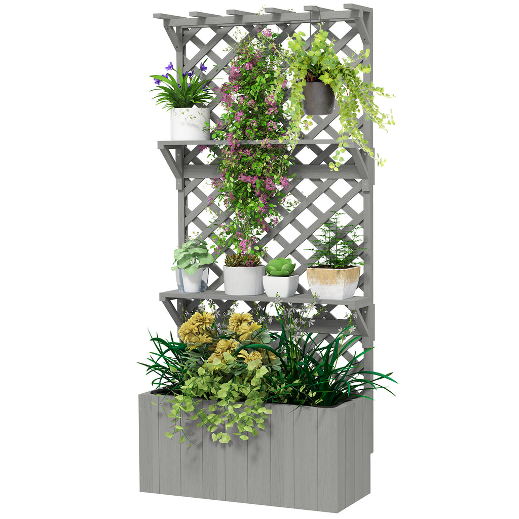 Raised Garden Bed, Wooden Planter with Trellis, Hanging Roof, Plant Shelf, Drainage Holes and Bed Liner, Grey