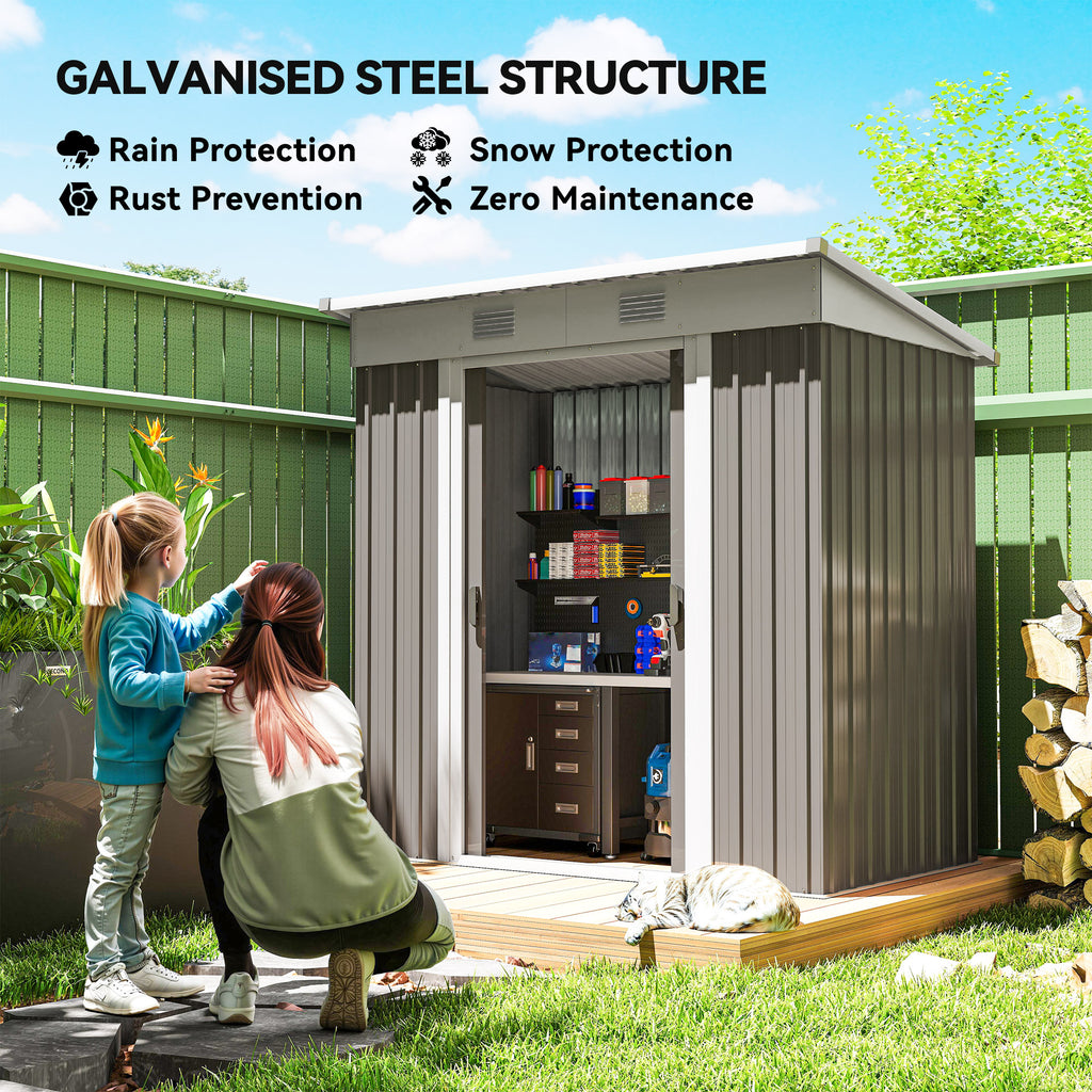 5.7' x 3.6' Outdoor Storage Shed, Metal Garden Tool Storage House Organizer with Lockable Sliding Doors and Vents for Backyard Patio Lawn, Light Grey