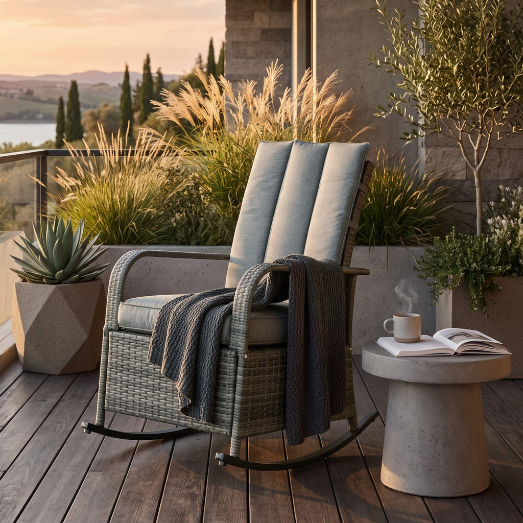 Outdoor Wicker Rocking Chair with Cushion, Patio PE Rattan Recliner Chair with Adjustable Footrest, Armrests, Mixed Grey