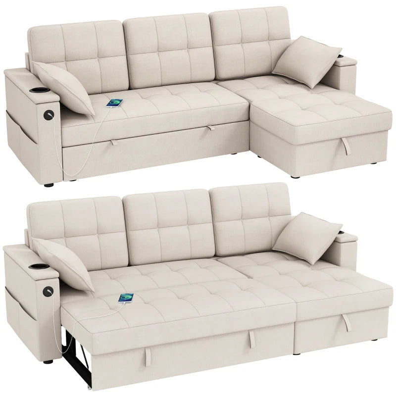 Modern convertible sectional sofa with sleeper bed, storage chaise, and USB charging