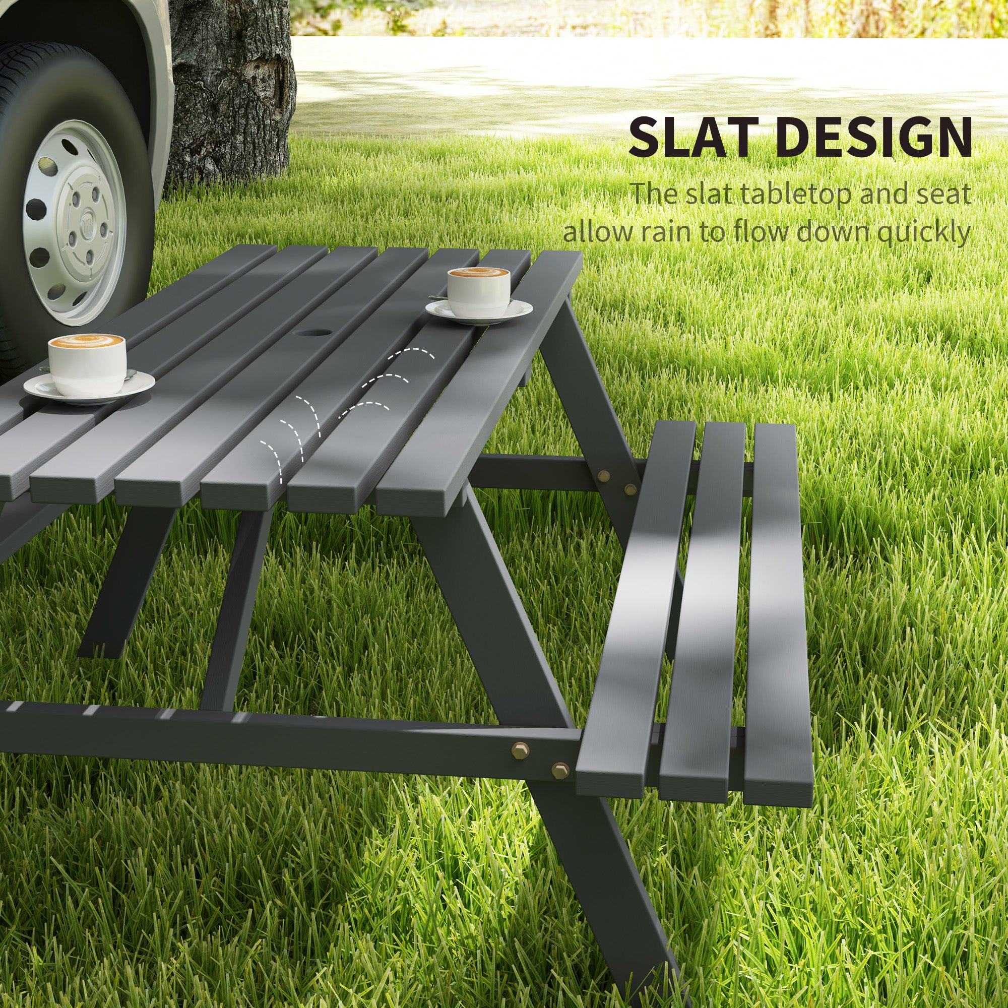 Wood Picnic Table, Camping Table and Bench Set with Umbrella Hole for Outdoor, Garden, Patio, Backyard, Grey