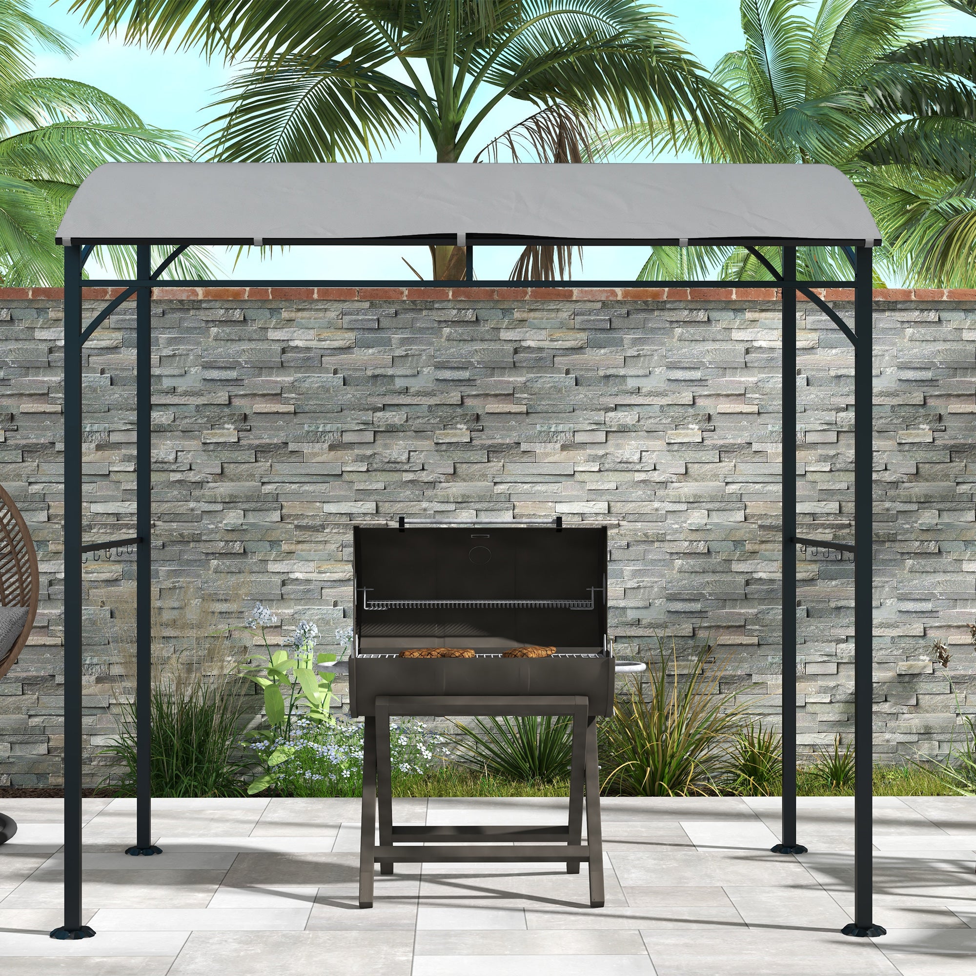 7' x 5' Garden Grill Canopy, BBQ Grill Gazebo Tent with Steel Frame and Hooks, Outdoor Sun Shade, Grey