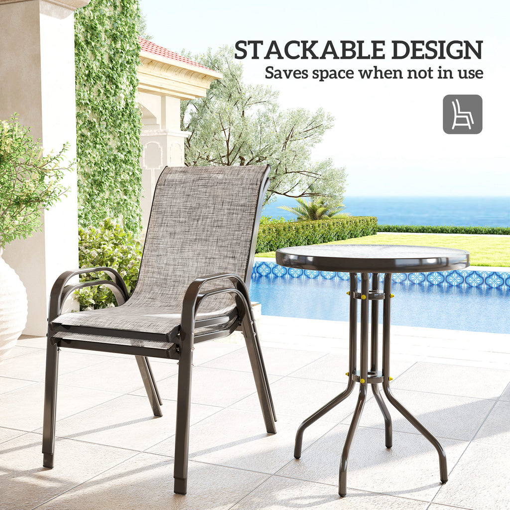 3 Pieces Bistro Set, Small Patio Furniture Set with Stackable Mesh Chairs, Glass Table for Garden, Balcony, Grey