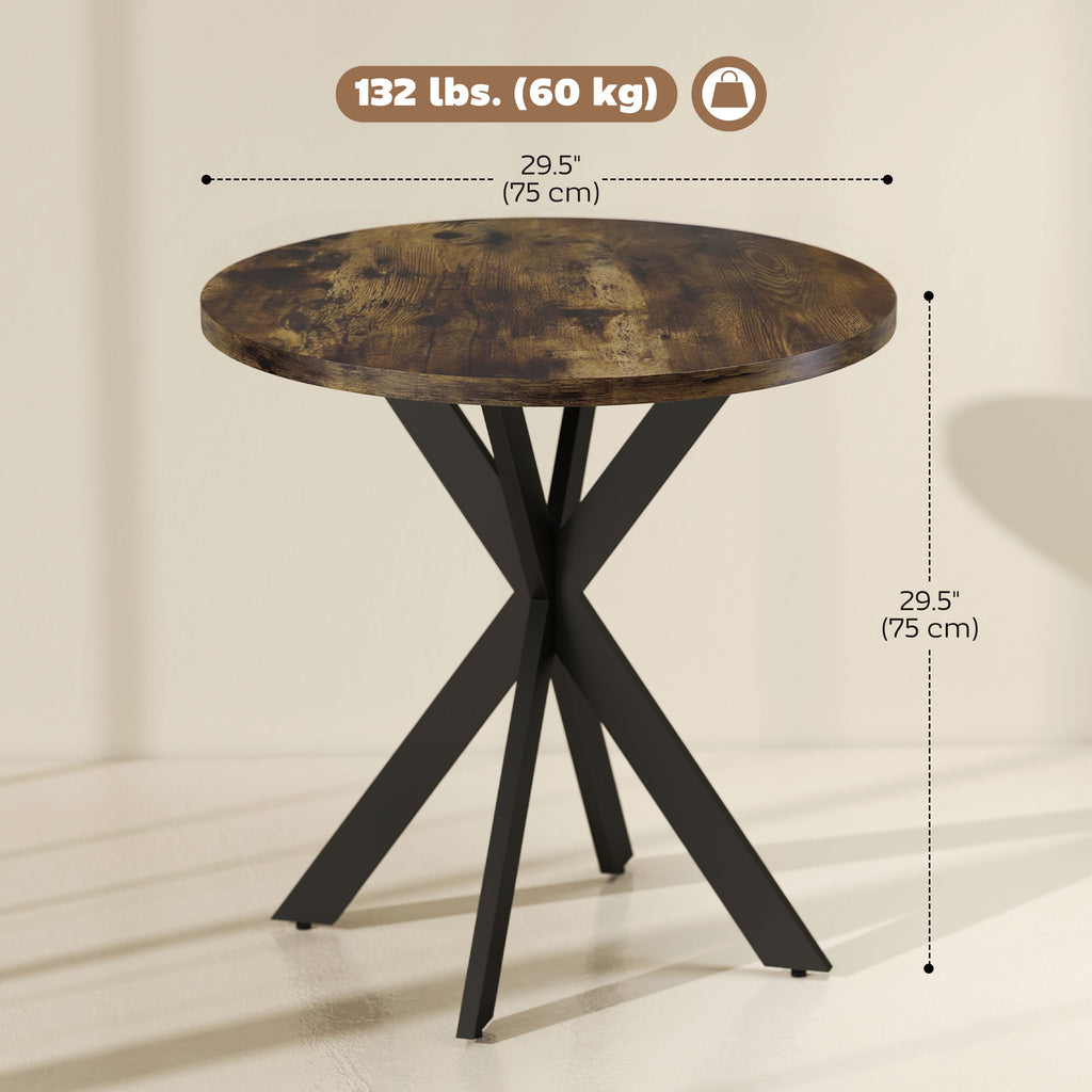 29" Dining Table, Contemporary Round Kitchen Table with Steel Legs, Rustic Brown
