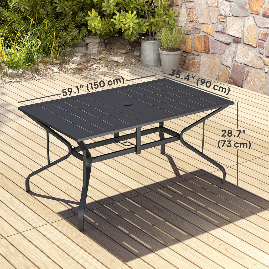 Rectangle Patio Dining Table with Umbrella Hole, Outdoor Dining Table for 6 with Steel Frame for Garden, Balcony, Black