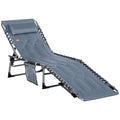 Outdoor Lounge Chair, Folding Chaise Lounge, Patio Padded Tanning Chair with 5-position Adjustable Backrest, Pillow and Pocket for Deck, Beach, Lawn and Sunbathing, Grey