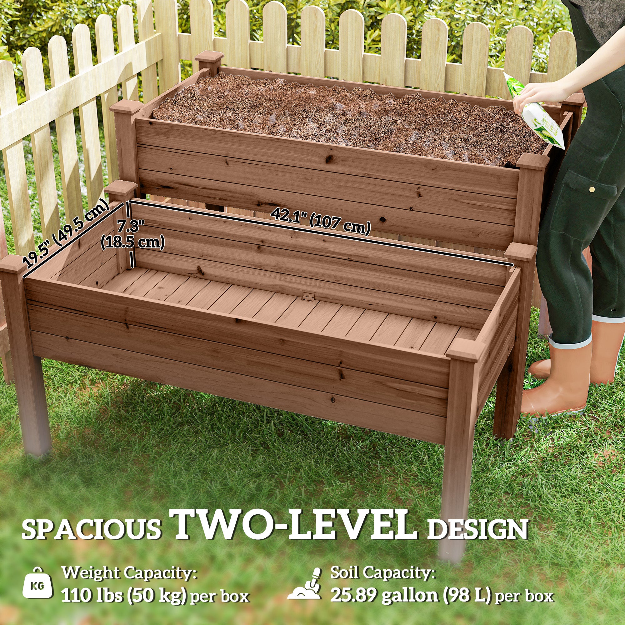 2 Tiers Raised Garden Bed, Wooden Elevated Planter Box with Legs, Gardening Planting Bed, Carbonised