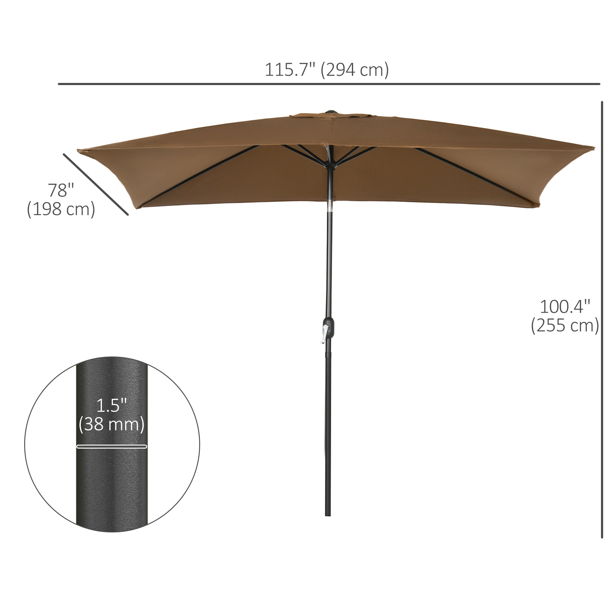6.5x10ft Rectangle Aluminum Tilt Patio Umbrella, Garden Market Parasol, Outdoor Sunshade Canopy with Crank, Coffee