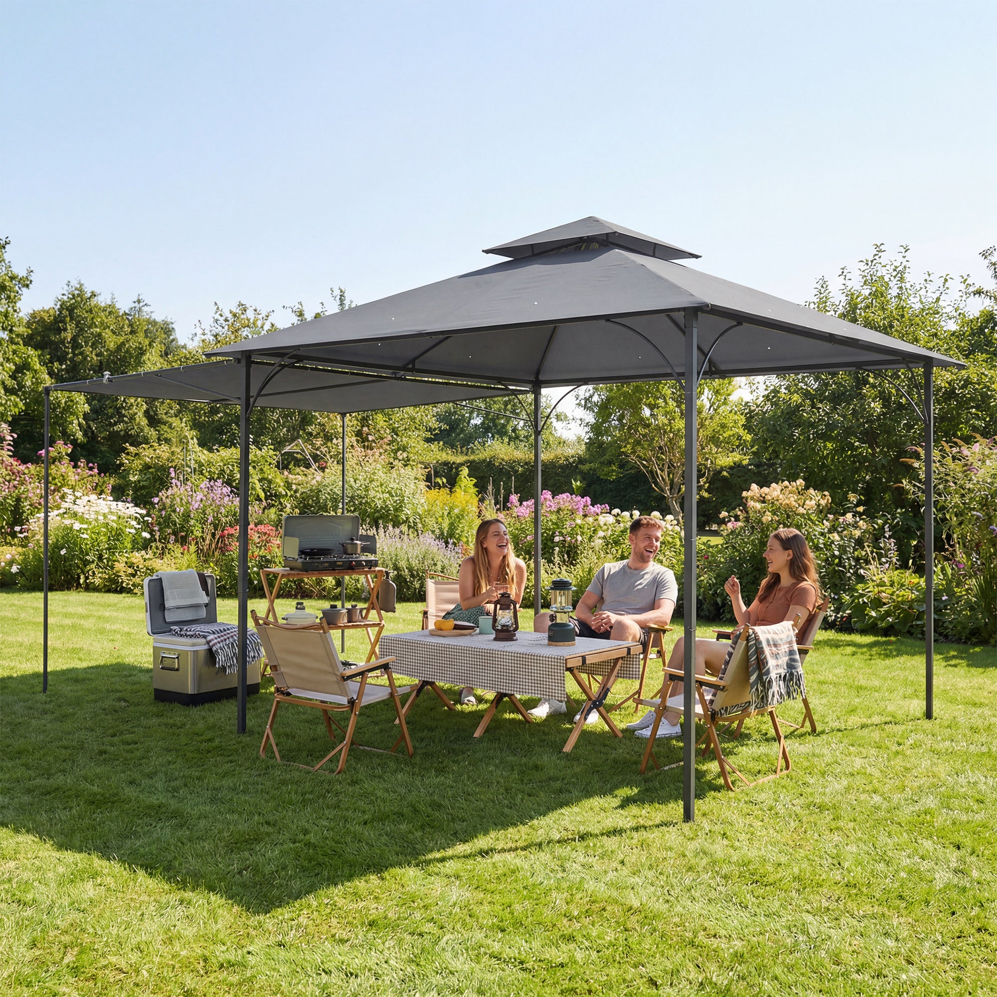 Patio Gazebo with Double Roof Outdoor Gazebo Canopy with Extendable Shade 10.5â€² x 10.5â€² Dark Grey