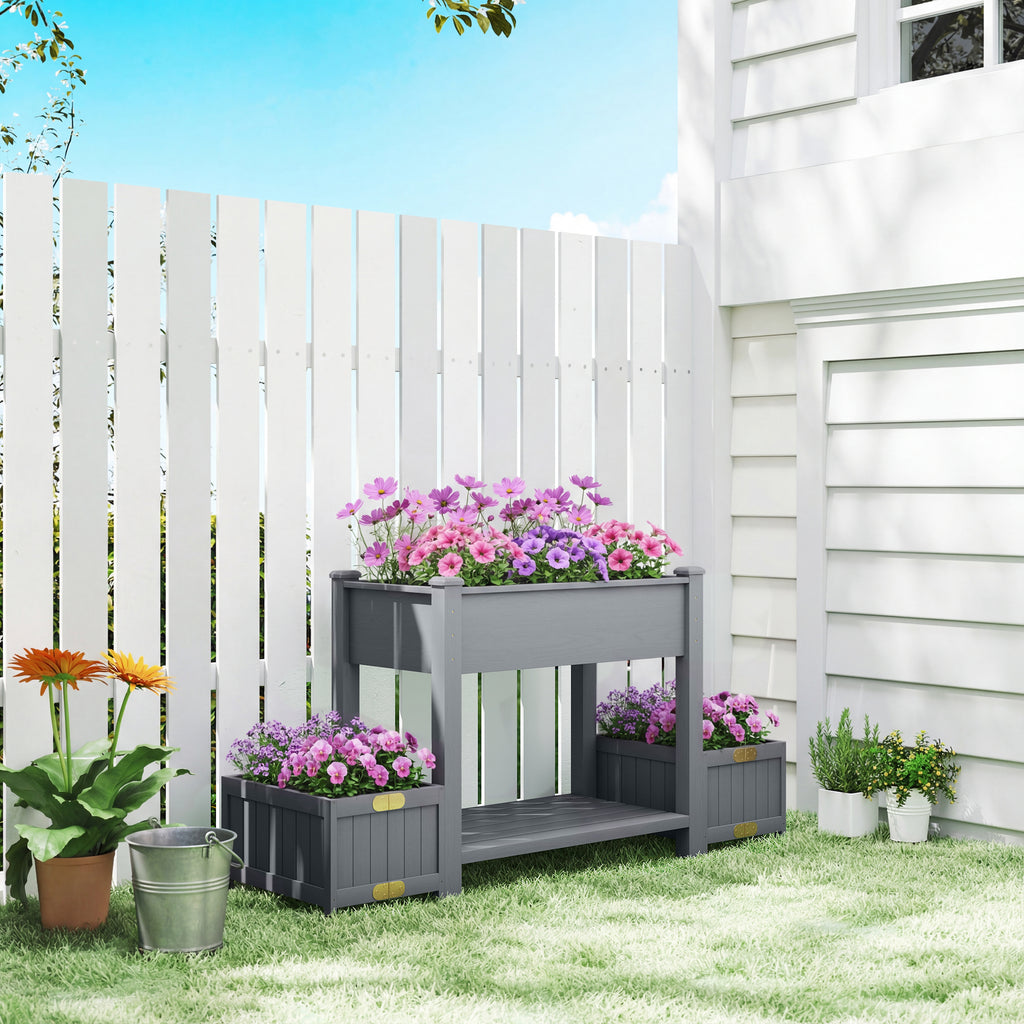 Wooden Raised Garden Bed with 2 Foldable Side Pots, Raised Planter with Storage Shelf and Drainage Holes