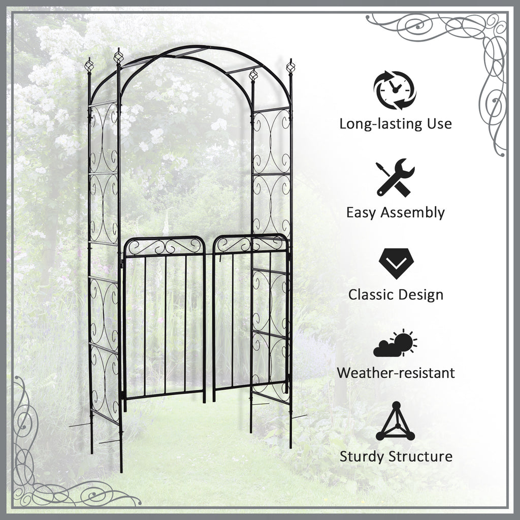 7' Metal Garden Arbor Arch with Scrollwork Doors for Ceremony, Weddings, Party, Backyard, Lawn