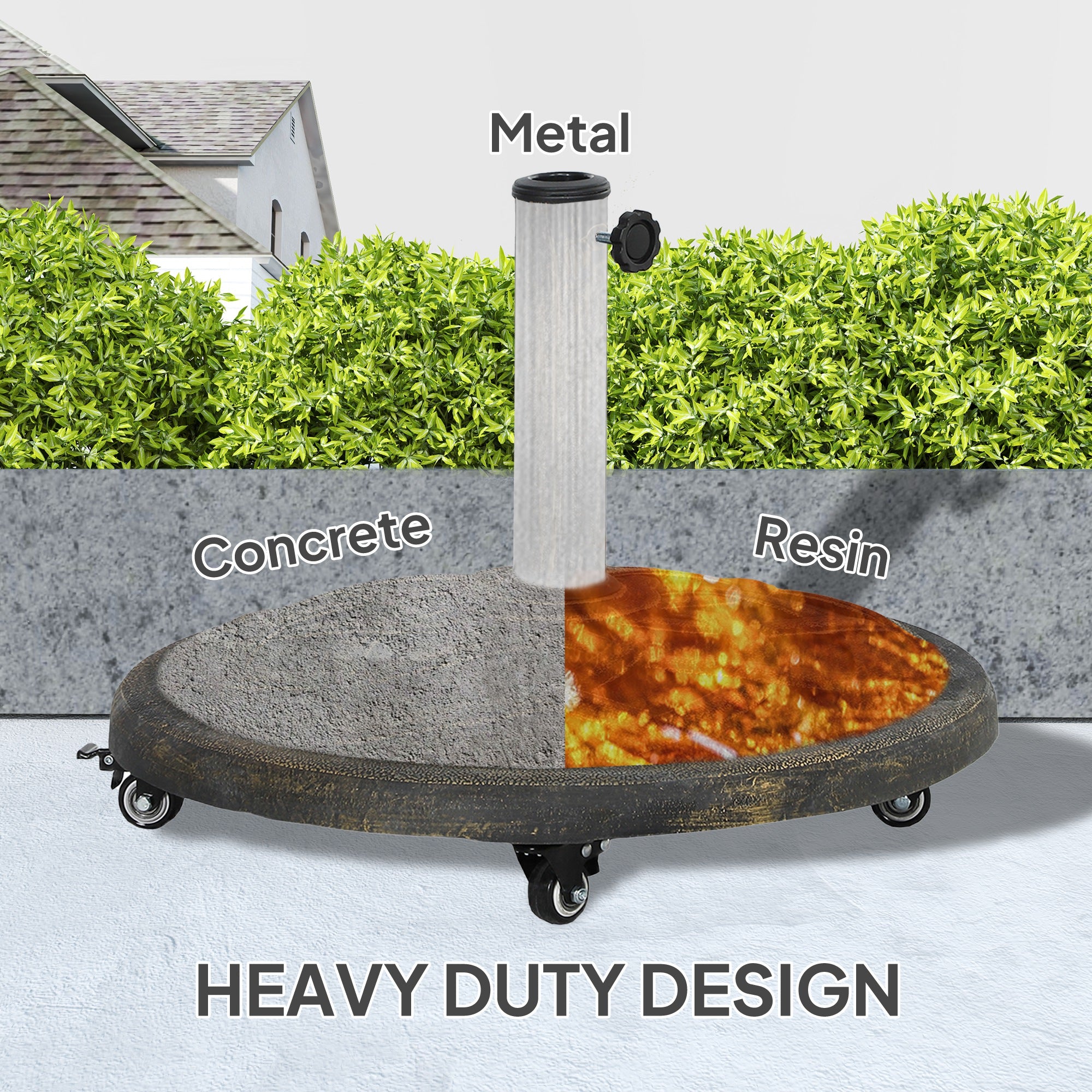 Round Patio Umbrella Base with Wheels, 44 lbs Resin Umbrella Stand Base, 1.3"/1.5"/1.9" Umbrella Poles Bronze
