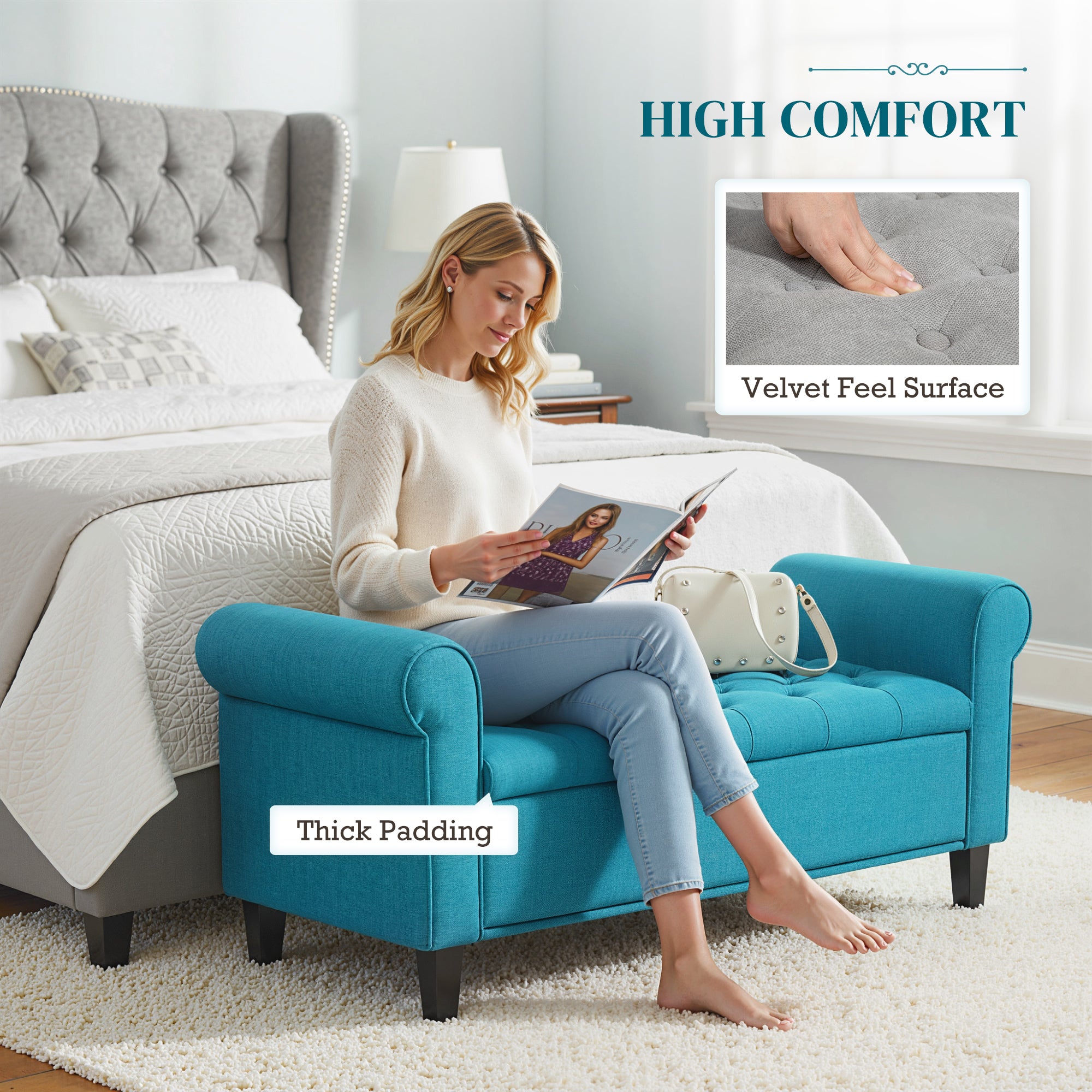 50 Inches Storage Ottoman, Upholstered Bedroom Bench with Rolled Arms and Button Tufted Storage, Teal
