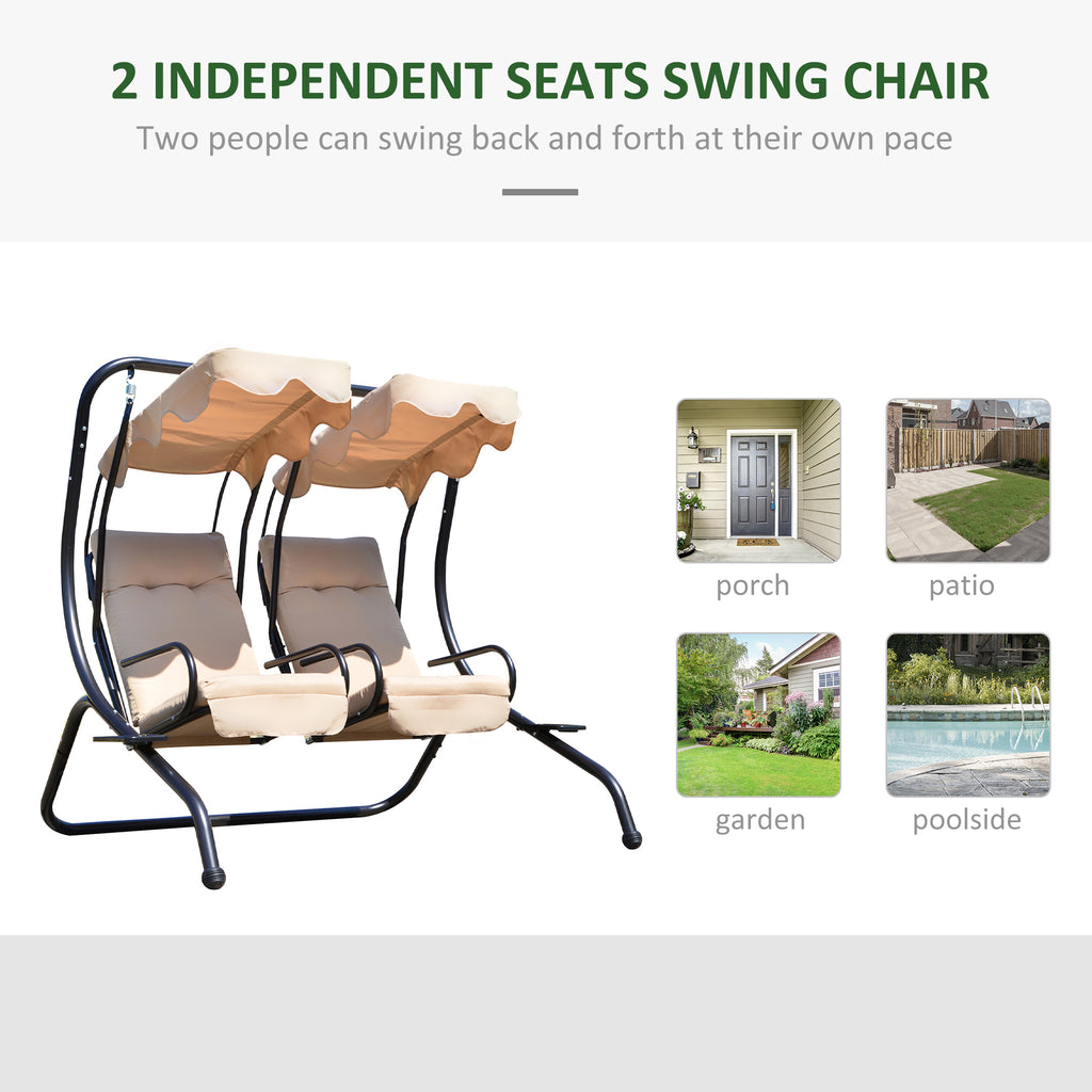 Luxury Porch Swing Metal Outdoor Swing Chair 2 Separated Seater Hammock Heavy-Duty with Canopy and Cushions, Beige