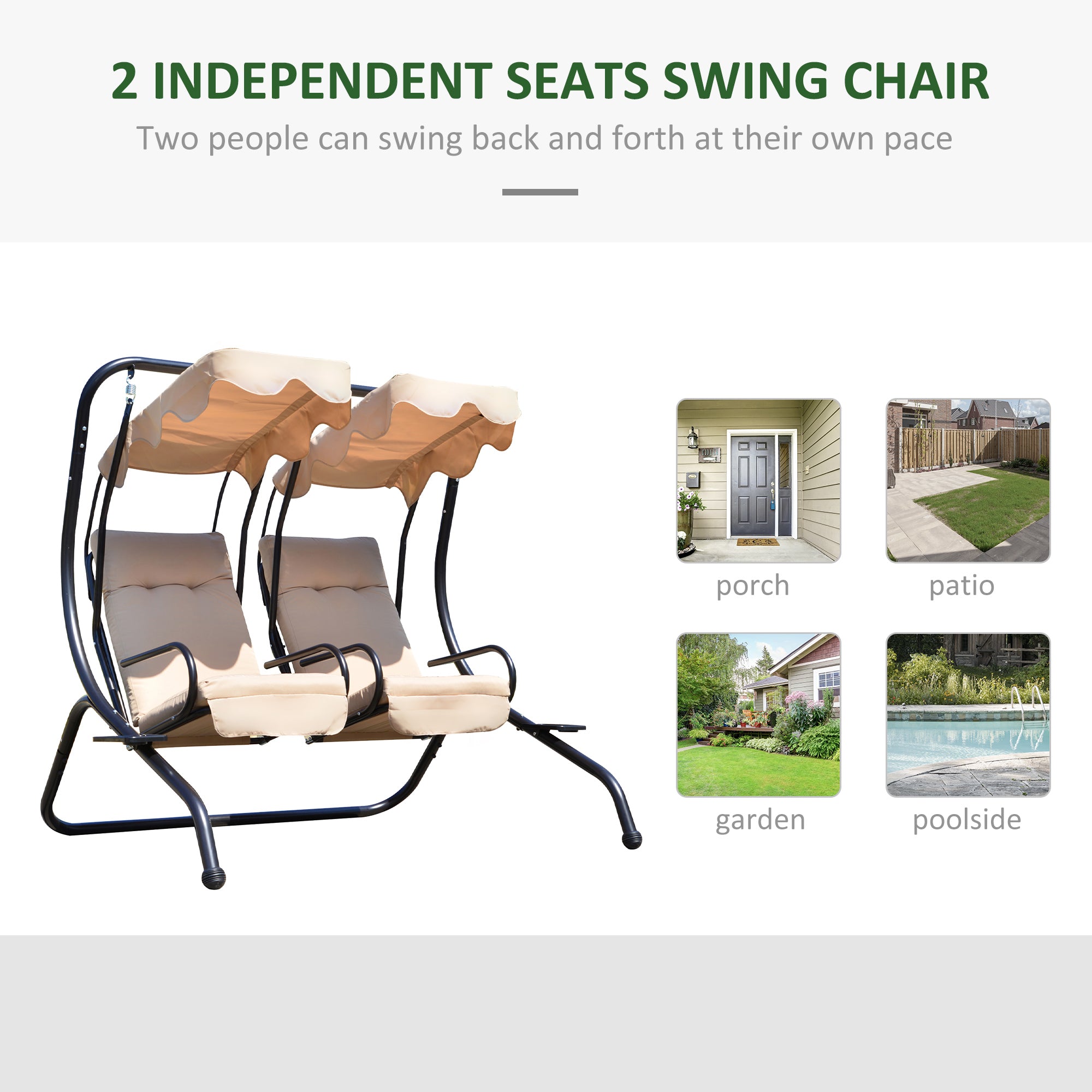 Luxury Porch Swing Metal Outdoor Swing Chair 2 Separated Seater Hammock Heavy-Duty with Canopy and Cushions, Beige