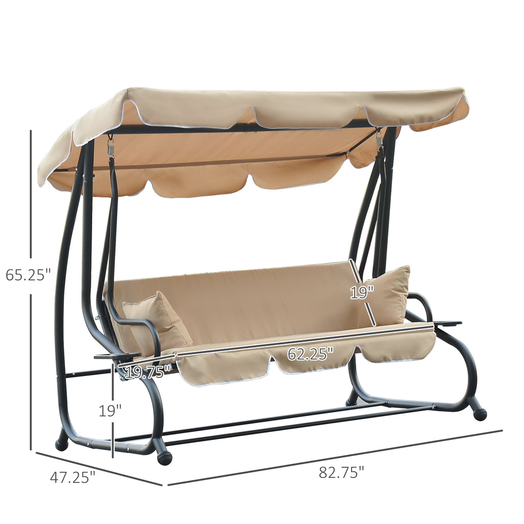 3-Seat Outdoor Patio Swing Chair, 2-in-1 Convertible Flat Bed, Canopy Swing with Adjustable Shade, Removable Cushions, Cup Holder, Beige