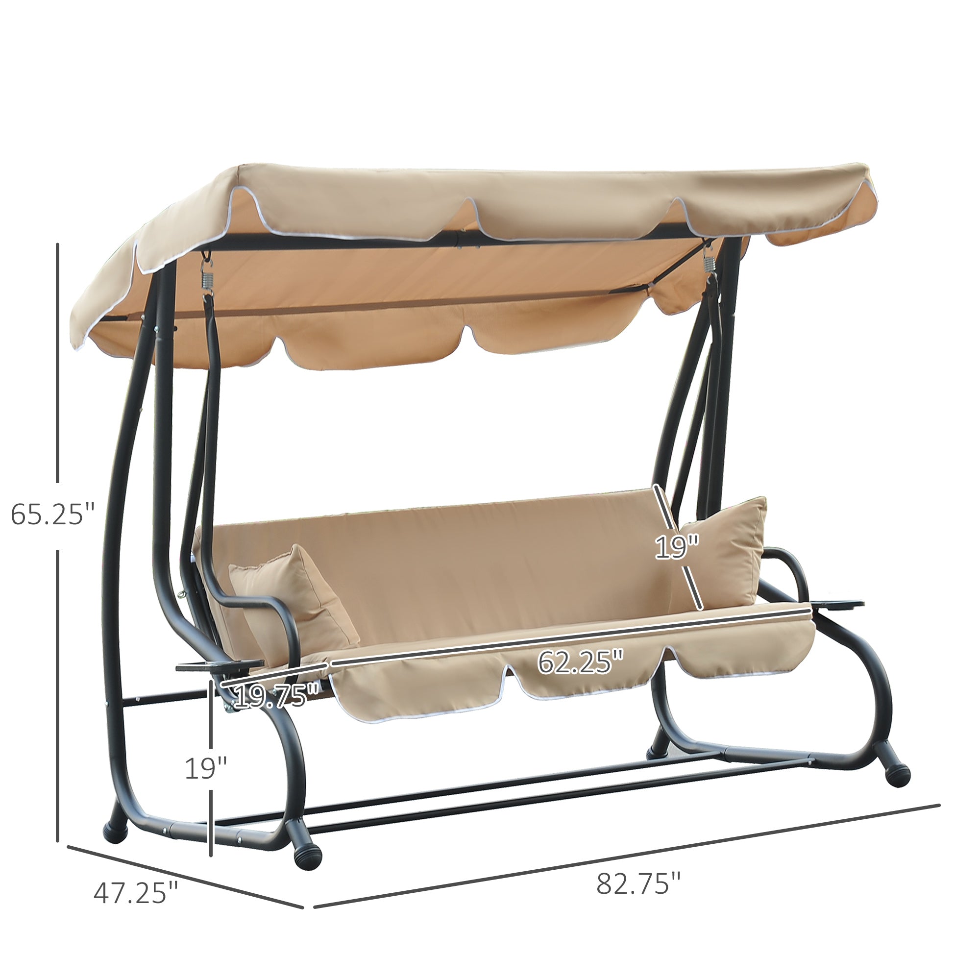 3-Seat Outdoor Patio Swing Chair, 2-in-1 Convertible Flat Bed, Canopy Swing with Adjustable Shade, Removable Cushions, Cup Holder, Beige