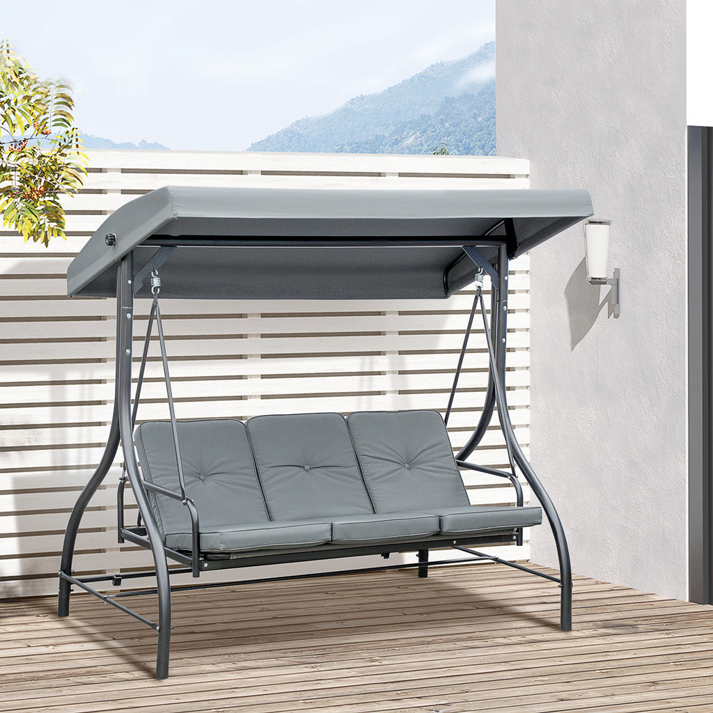 Convertible Patio Swing Bed with Canopy and Cushions, 3 Seater Porch Swing for Outdoor, Backyard, Garden, Dark Grey