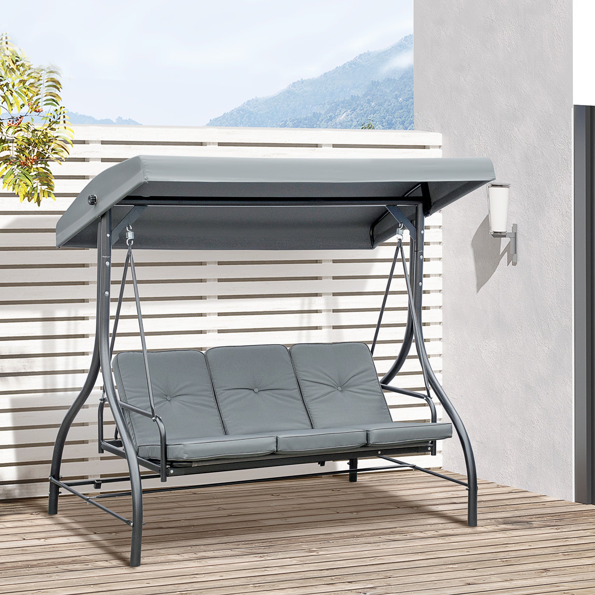 Convertible Patio Swing Bed with Canopy and Cushions, 3 Seater Porch Swing for Outdoor, Backyard, Garden, Dark Grey