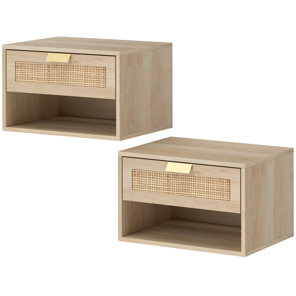 Floating Bedside Table Set of 2, Wall Mount Nordic Nightstands with Storage Drawer and Open Shelf for Bedroom, Oak