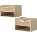 Floating Bedside Table Set of 2, Wall Mount Nordic Nightstands with Storage Drawer and Open Shelf for Bedroom, Oak