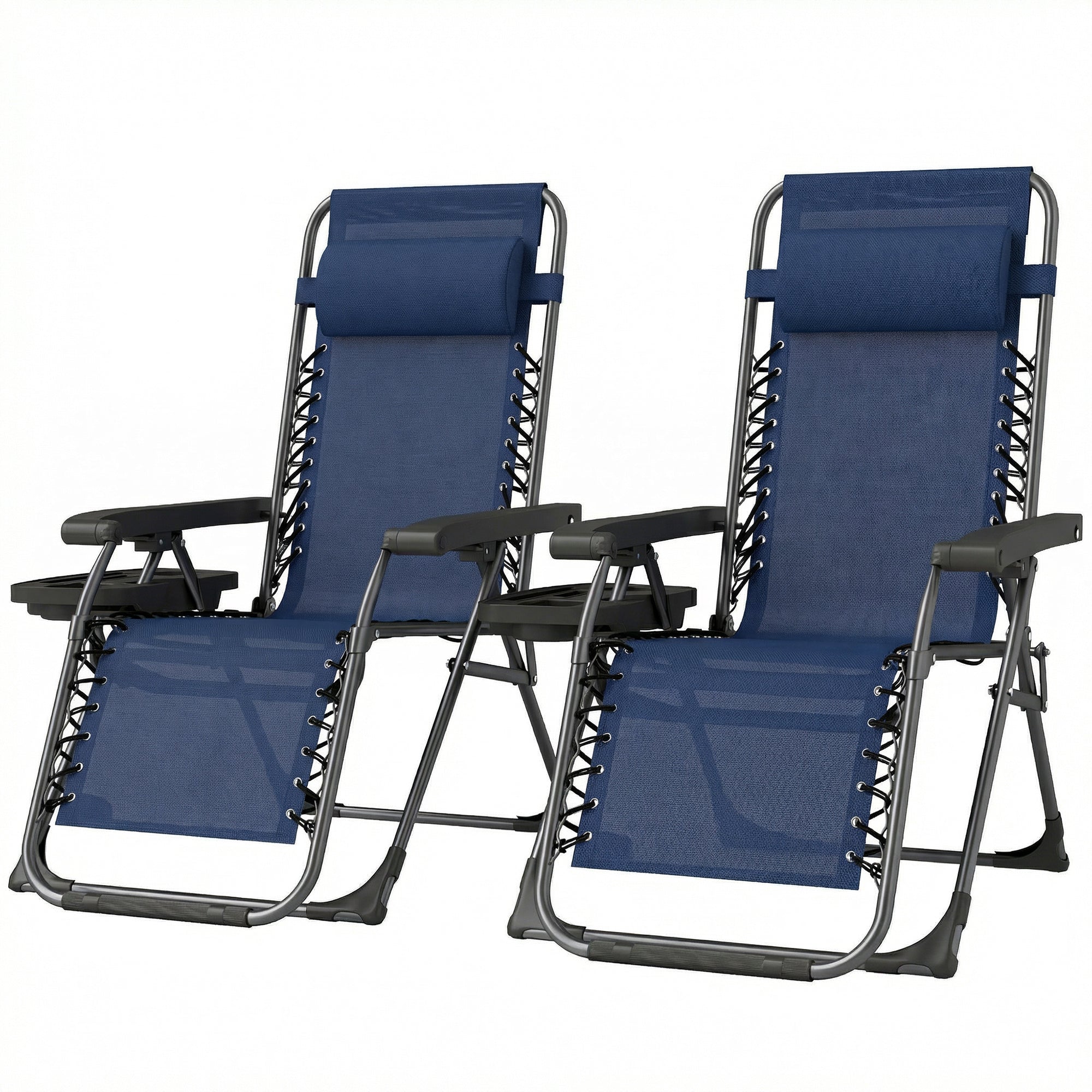 Zero Gravity Chair Set of 2, Folding Reclining Outdoor Lounge Chair with Cup Holder, Headrest, Dark Blue