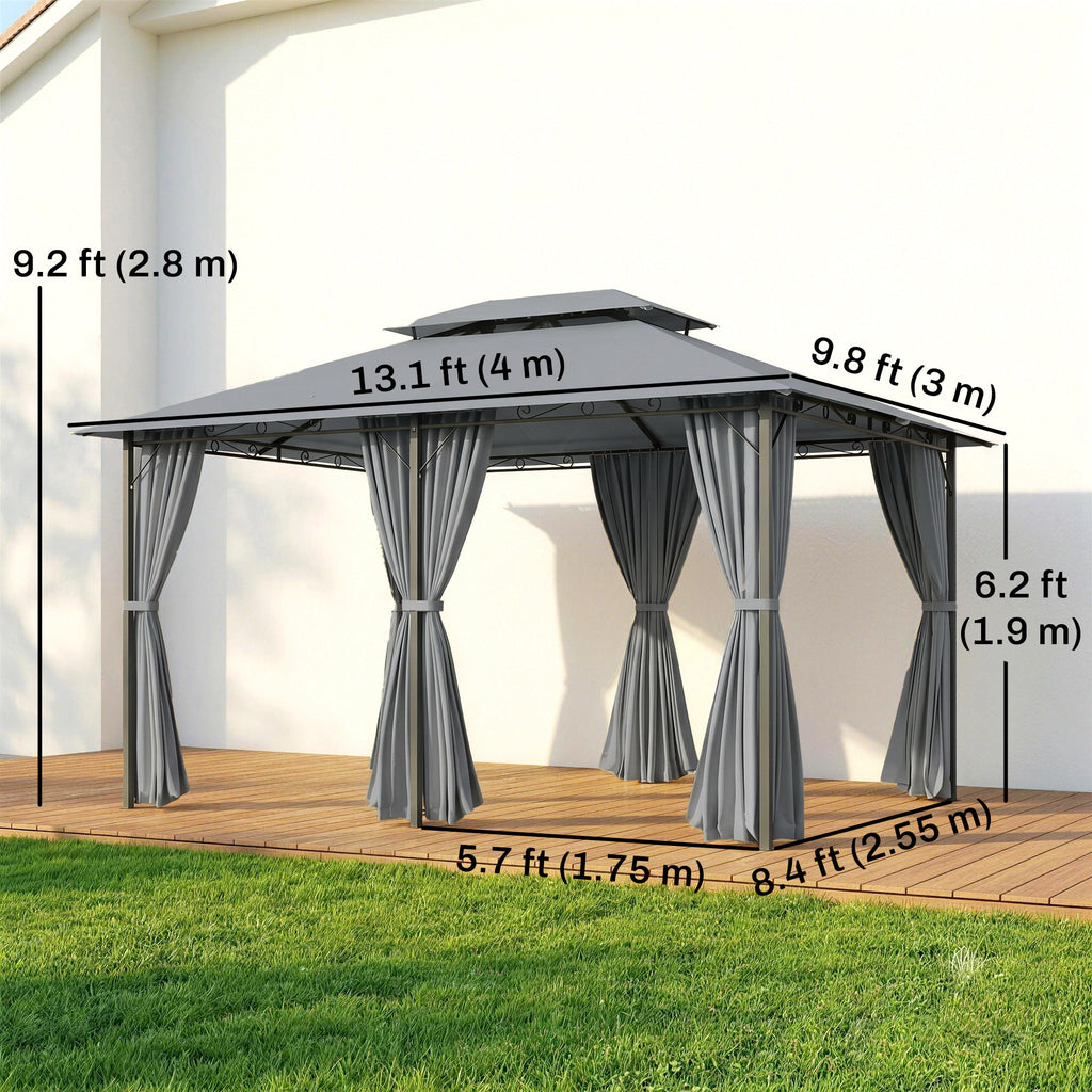 13'L x 10'W x 8.7'H Patio Gazebo Outdoor 2-Tiers Garden Canopy Yard Sunshade Shelter with Curtains, Grey