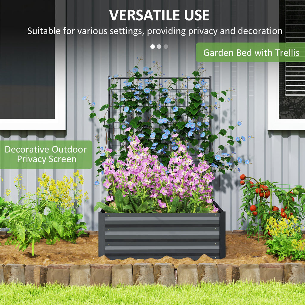 Galvanized Raised Garden Bed with Trellis for Climbing Plants, Outdoor Planter Box with Open Bottom, Dark Grey