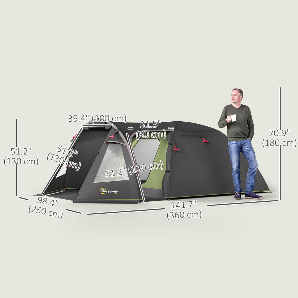 2-4 Man Camping Tent, 3000mm Waterproof Tunnel Tent with 2 Rooms, Sewn-in Groundsheet, 3 Doors and Hook