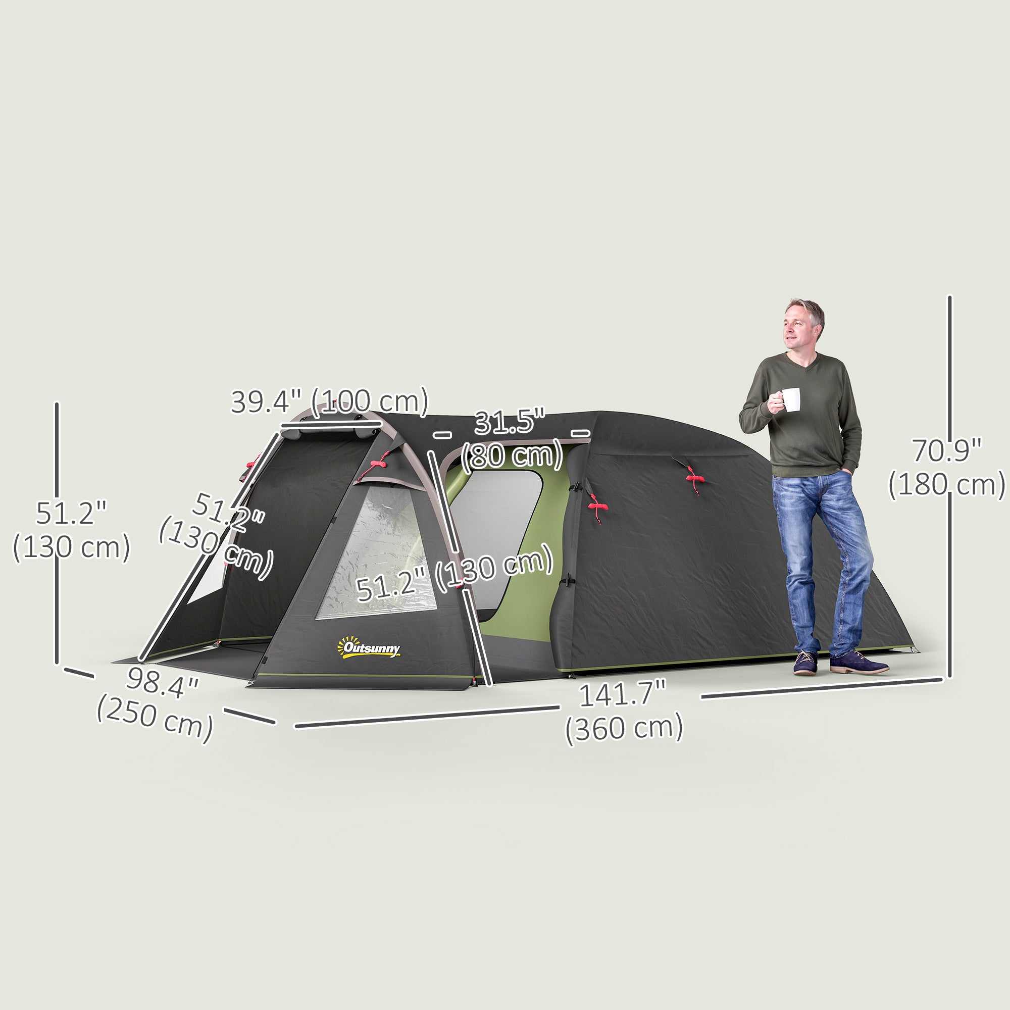 2-4 Man Camping Tent, 3000mm Waterproof Tunnel Tent with 2 Rooms, Sewn-in Groundsheet, 3 Doors and Hook