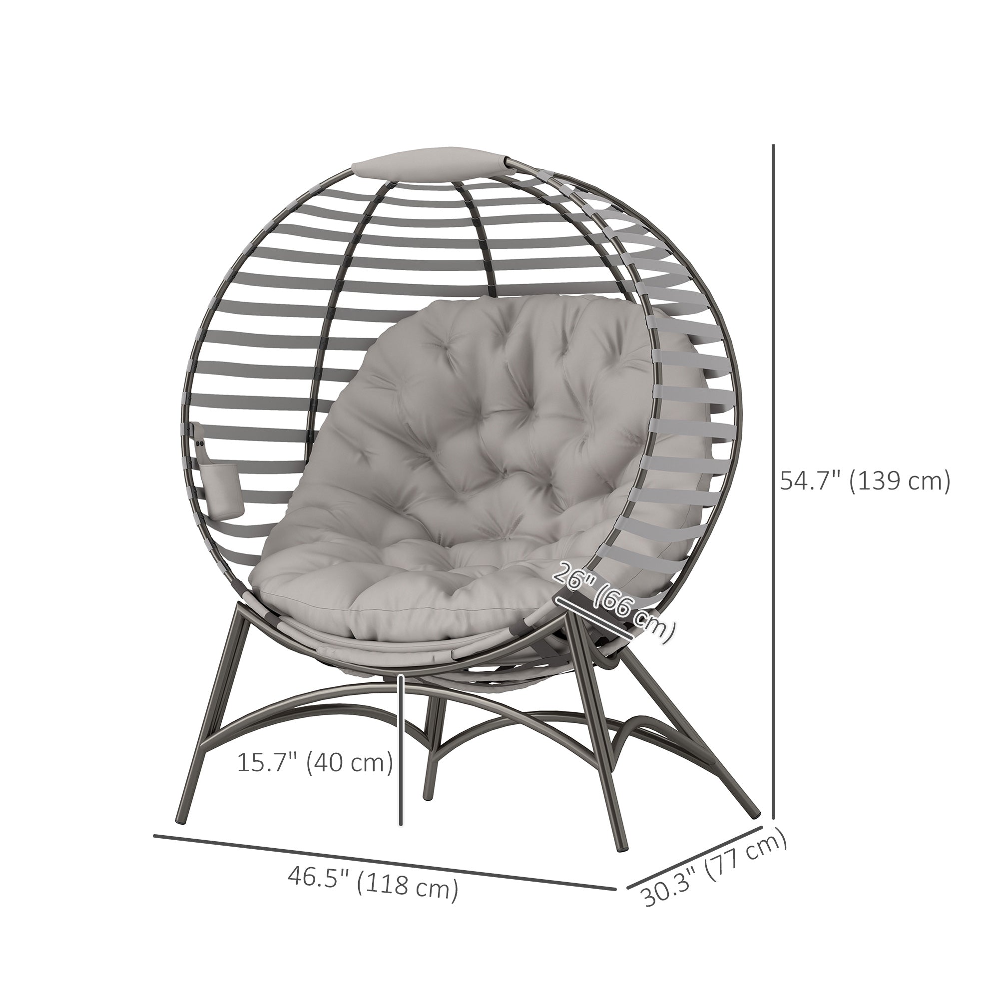Egg Chair, Patio Lounge Chair, Foldable Basket Chair with Large Seat Cushion, Side Pocket, Light Grey
