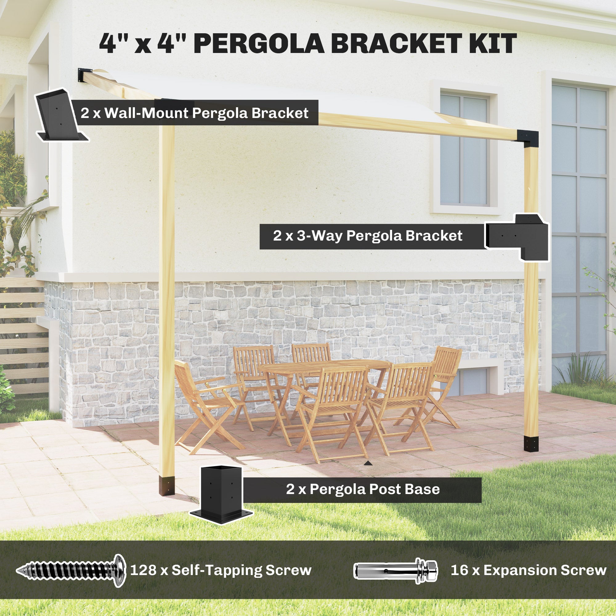 Pergola Kit, 15Â° Slanted Pergola Bracket Kit with 3-Way Brackets, Post Bases, Wall Mounts for 3.6" X 3.6" Lumber, Black