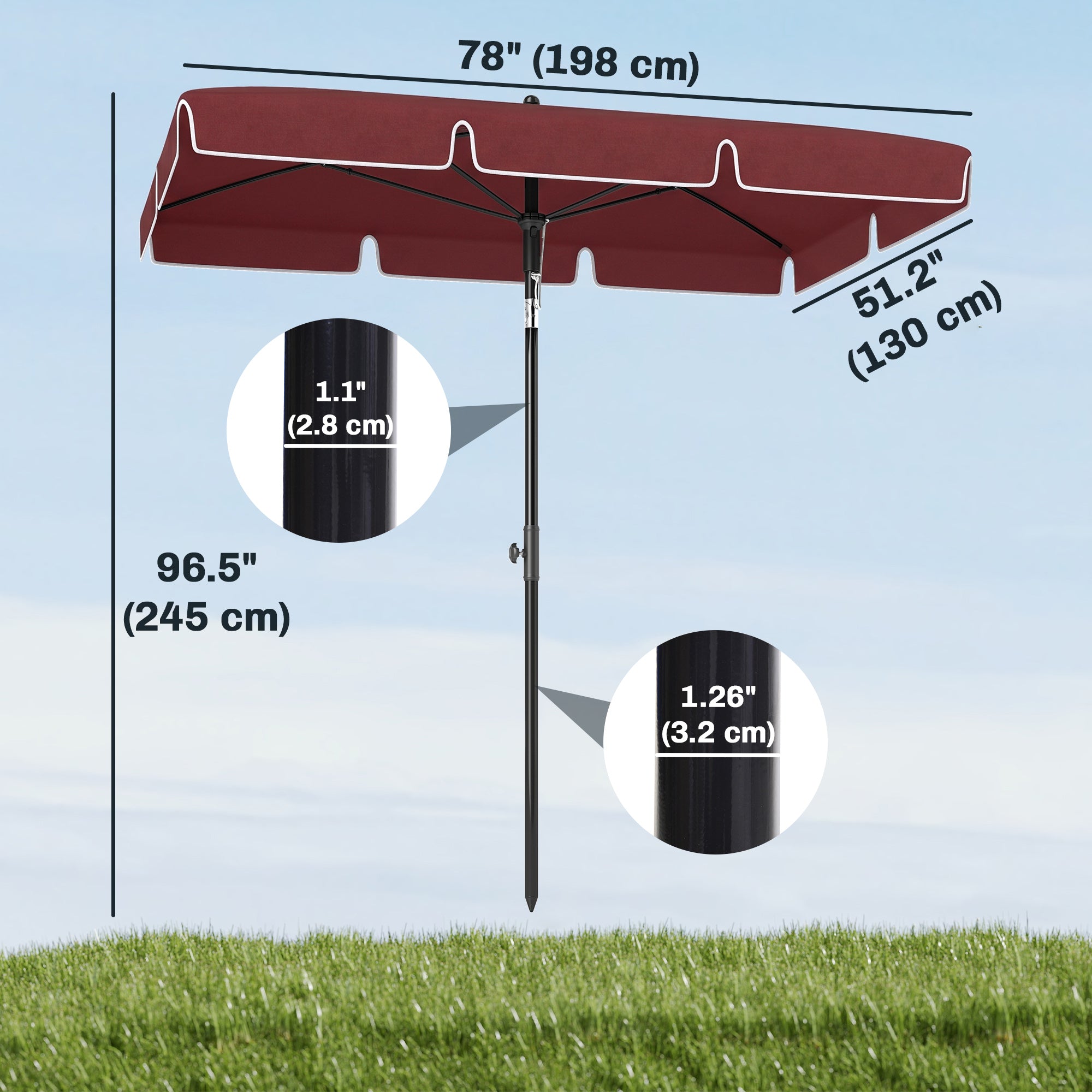 6.5x4ft Rectangle Patio Umbrella Aluminum Tilt Adjustable Garden Parasol Sun Shade Outdoor Canopy Wine Red