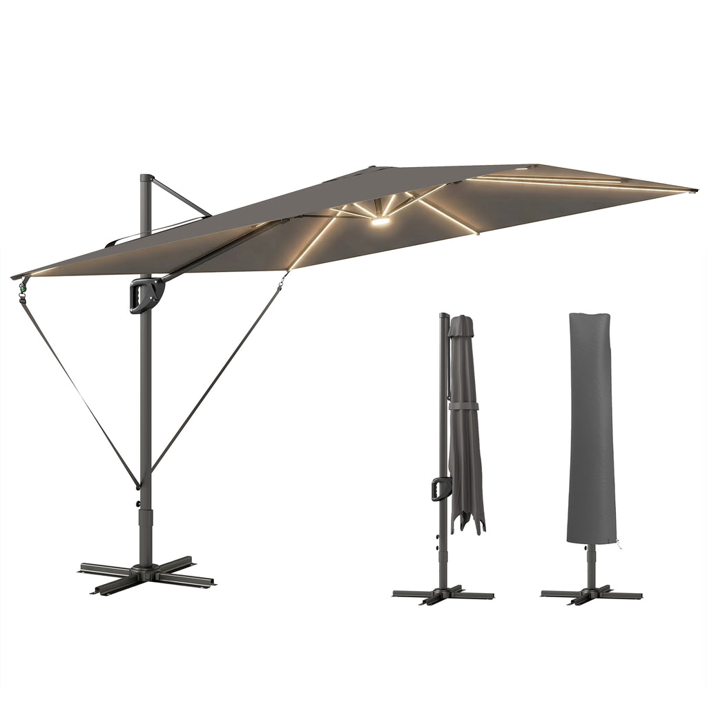 10 x 9.7 ft Offset Cantilever Patio Umbrella with Lights, Wind Rope, UPF50+ Outdoor Cantilever Parasol, Dark Grey