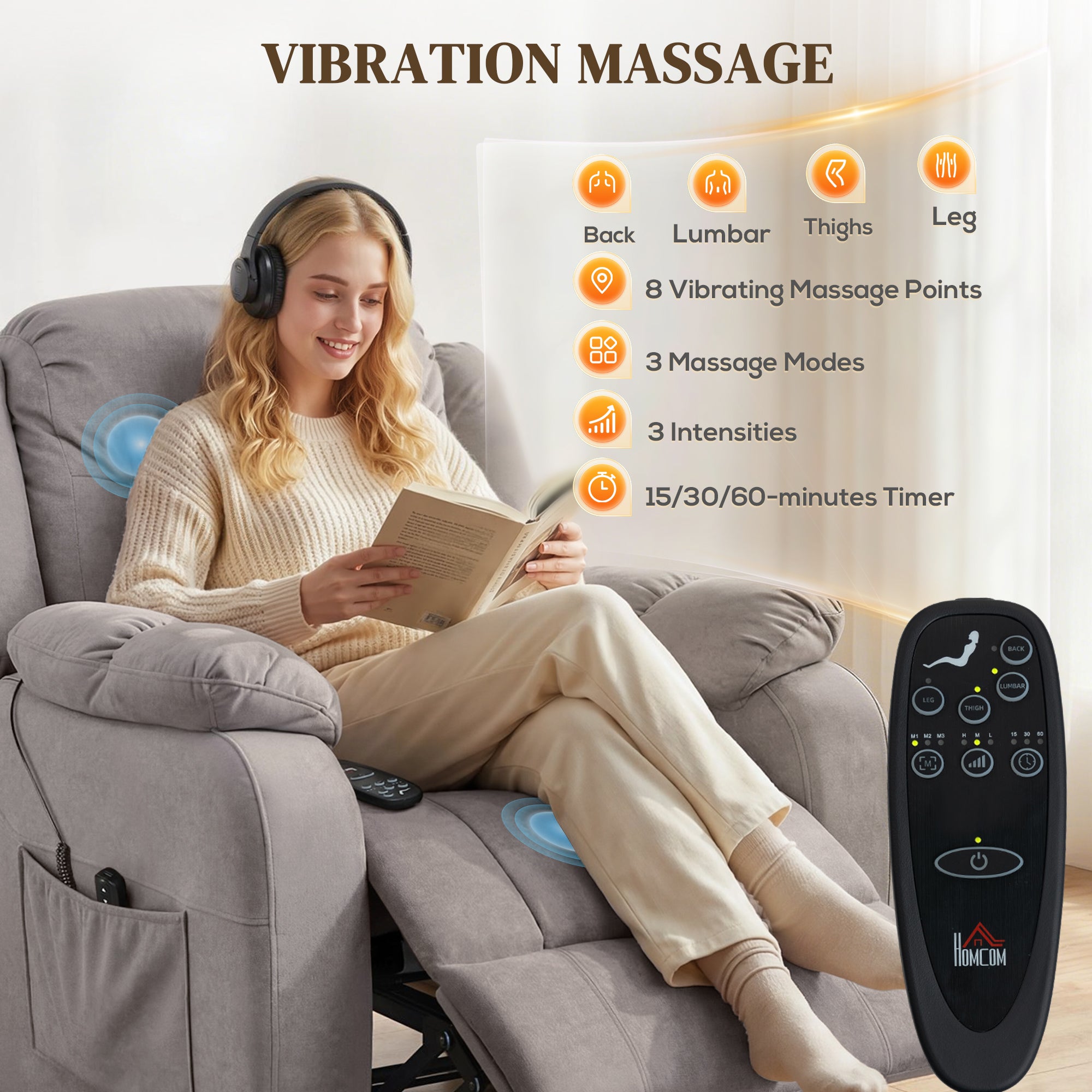 Massage Recliner Chair with Quiet Brushless Motor Pet-Friendly Fabric Power Recliner with 2 Memory Positions Brown