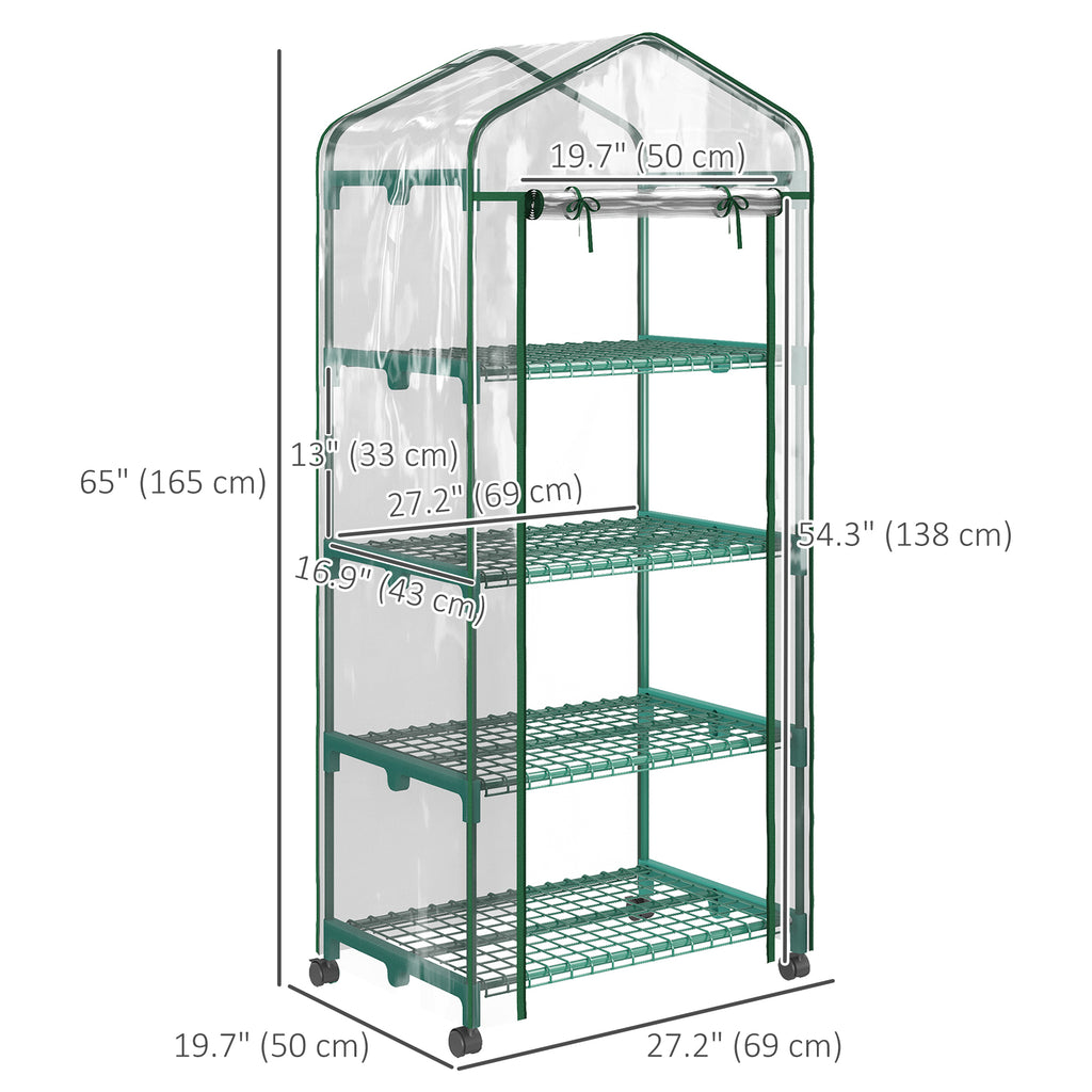 27" x 20" x 65" Portable Greenhouse with 4 Tier Shelves and Wheels, Outdoor Hot House Plant Flower Greenhouse, Steel Frame, Plastic Cover, Clear