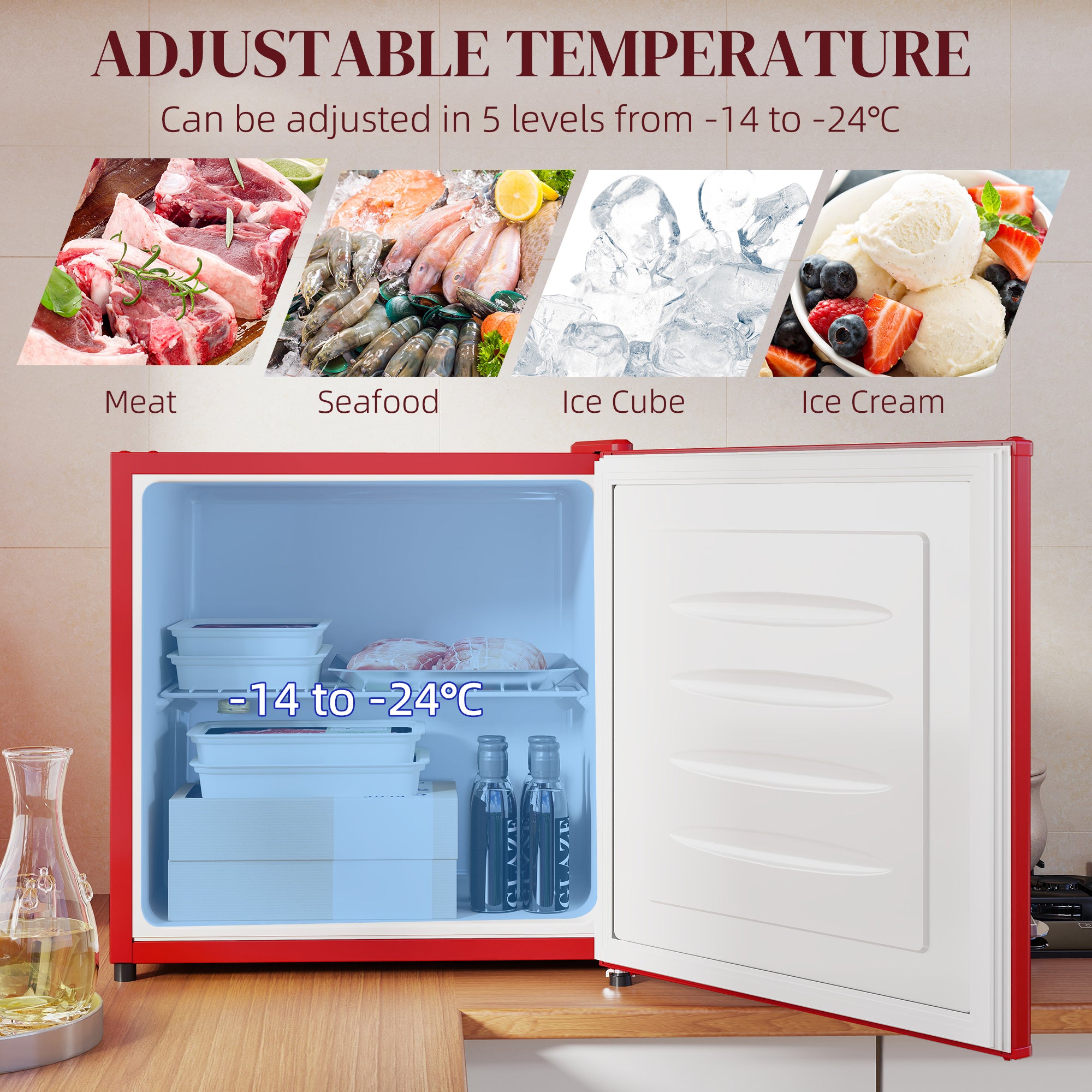 1.1 Cu. Ft. Mini Freezer, Compact Upright Freezer with Reversible Door, Removable Shelf, Adjustable Temperature, Red