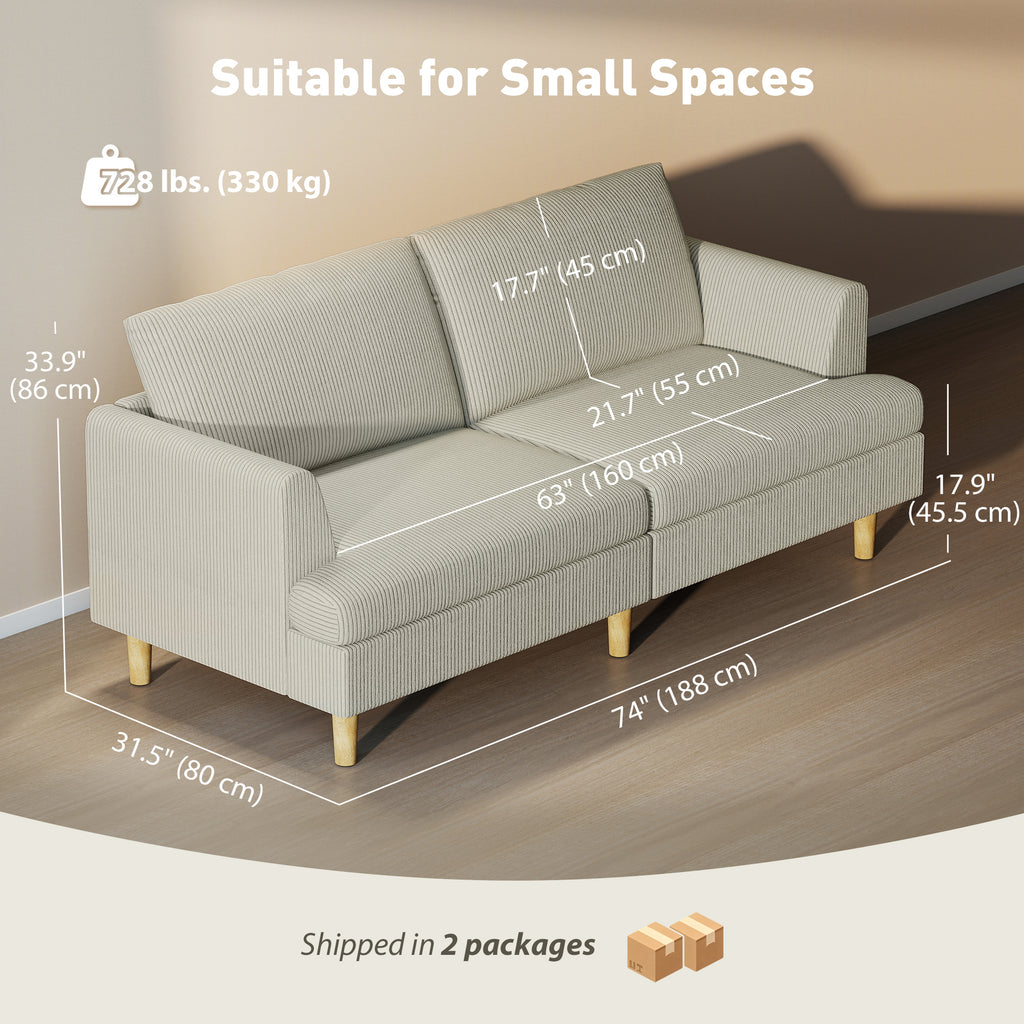 3 Seater Sofa, 74" Modern Corduroy Upholstered Couch with Thick Spring Cushions, Solid Wood Legs, Armrests, Beige