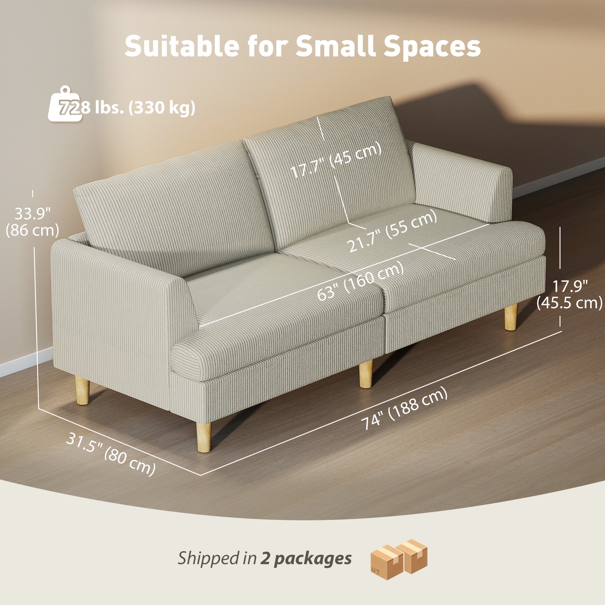 3 Seater Sofa, 74" Modern Corduroy Upholstered Couch with Thick Spring Cushions, Solid Wood Legs, Armrests, Beige