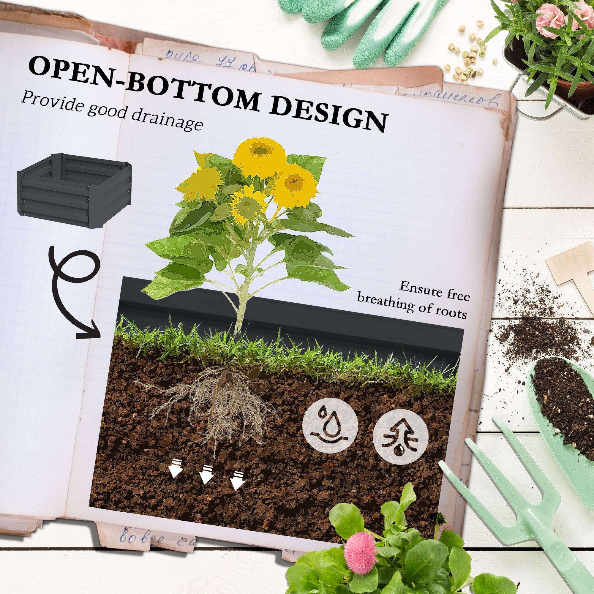 Galvanized Planter Box, Outdoor Raised Garden Bed with 3-Tier Trellis Tomato Cage for Climbing Vines, Vegetables, Grey