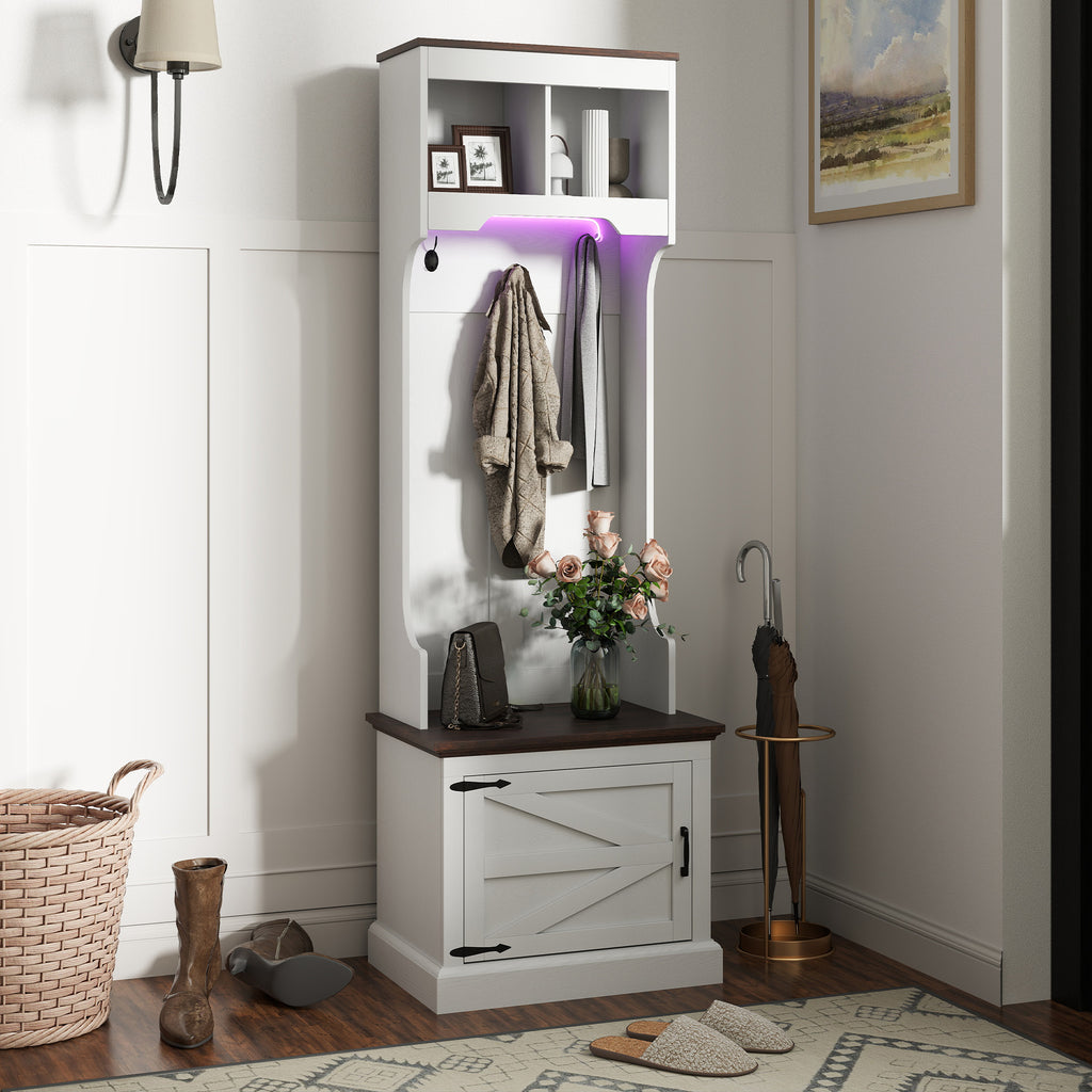 3-in-1 Hall Tree with LED Lights and Bench, Coat Rack with Shoe Storage, White Wood Grain with Light