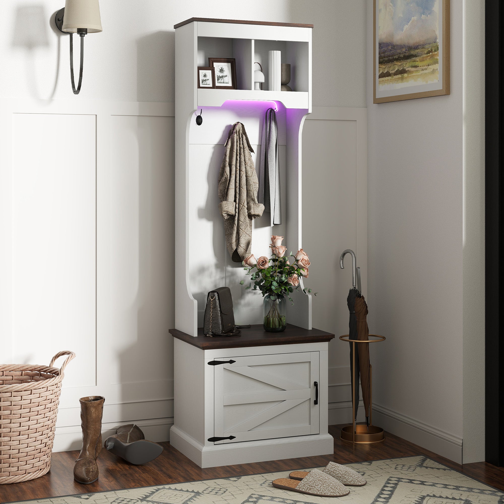 3-in-1 Hall Tree with LED Lights and Bench, Coat Rack with Shoe Storage, White Wood Grain with Light