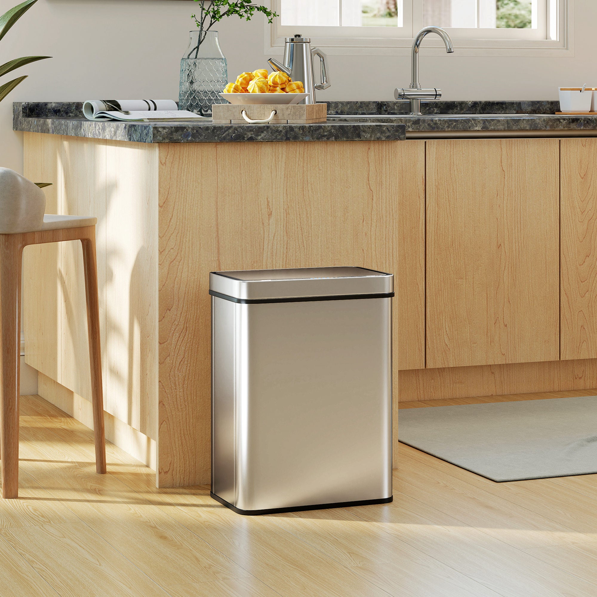 13.2 Gallon Sensor Can, Automatic Garbage Can with Soft-Close Lid, Fingerprint-Proof Stainless Steel, Silver