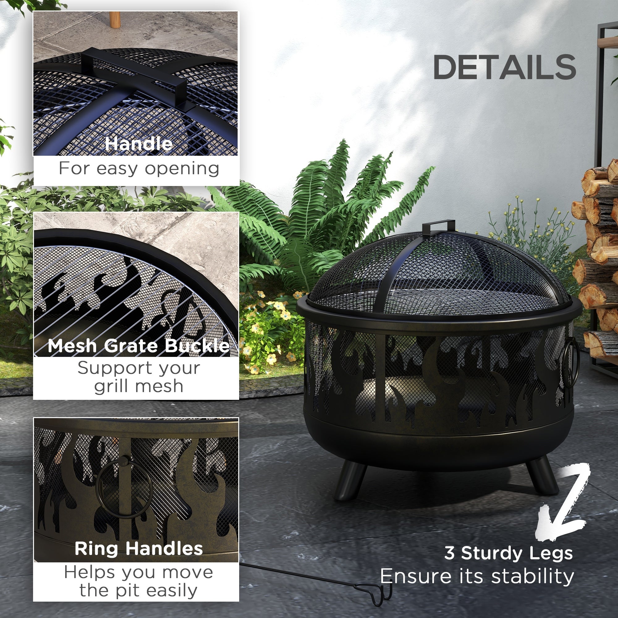 Outdoor Metal Fire Pit, 24" Round Firepit Bowl w/ Lid Grill Poker Handles for Garden, Camping, BBQ, Bonfire, Black