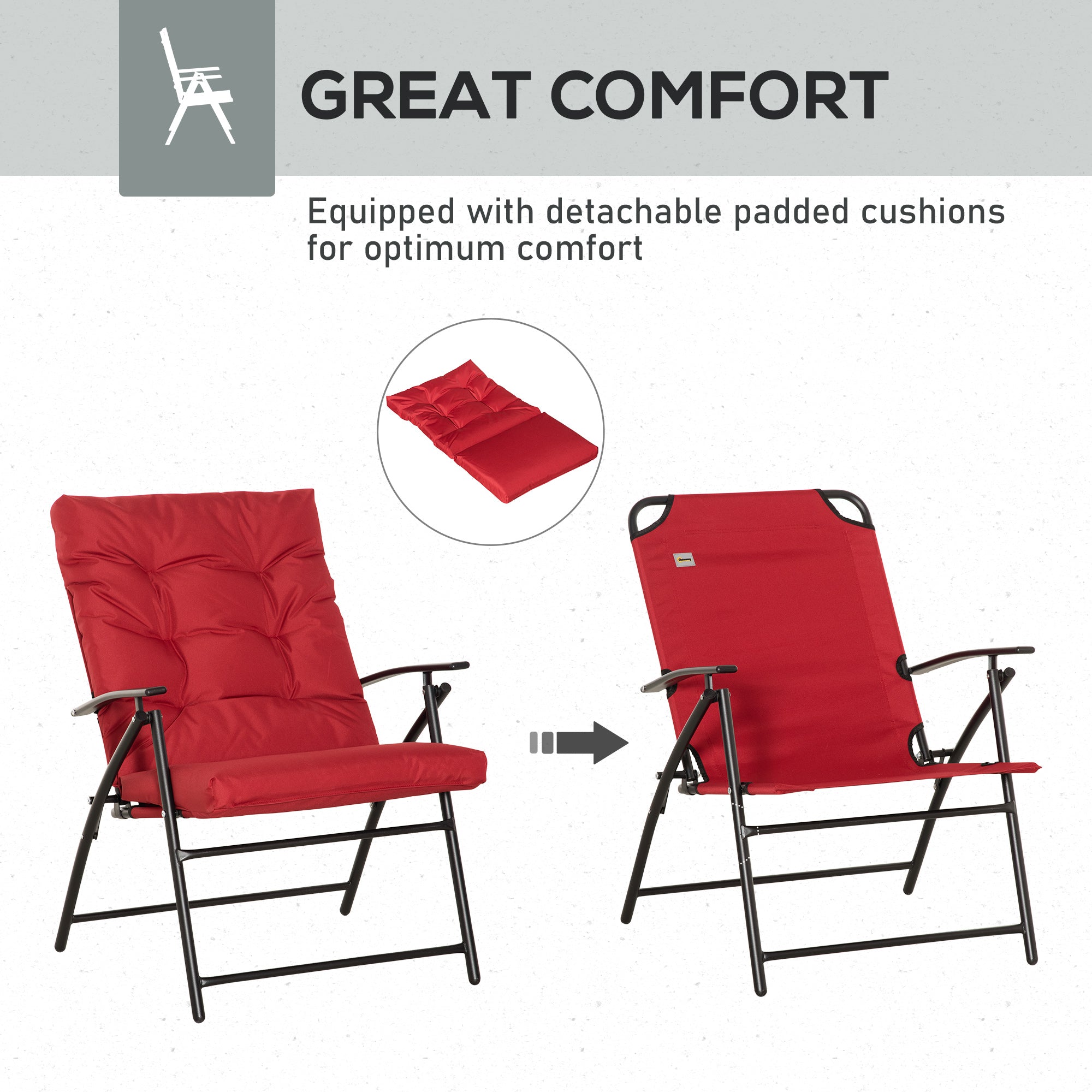 Set of 2 Outdoor Folding Chairs with Adjustable Backrest, Padded Camping Chairs for Outdoor Events, Red